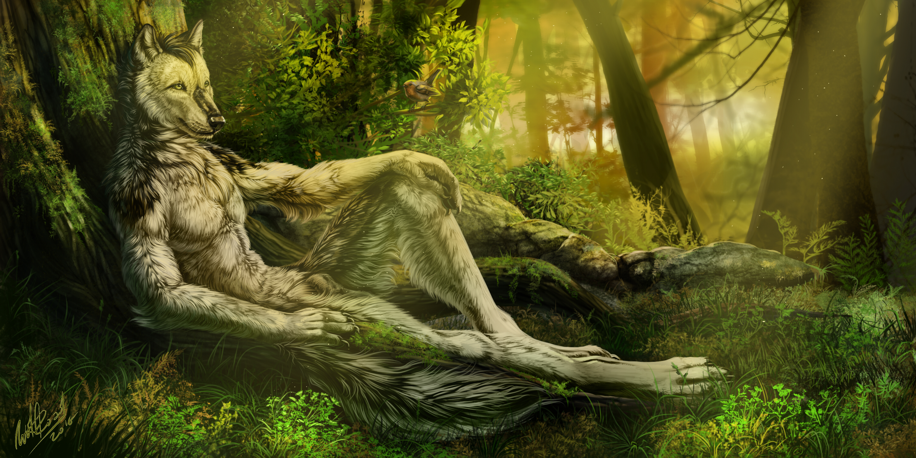Artistic Fantasy Creature Wolf Forest Tree Green Furry Anthropomorphic 3000x1500