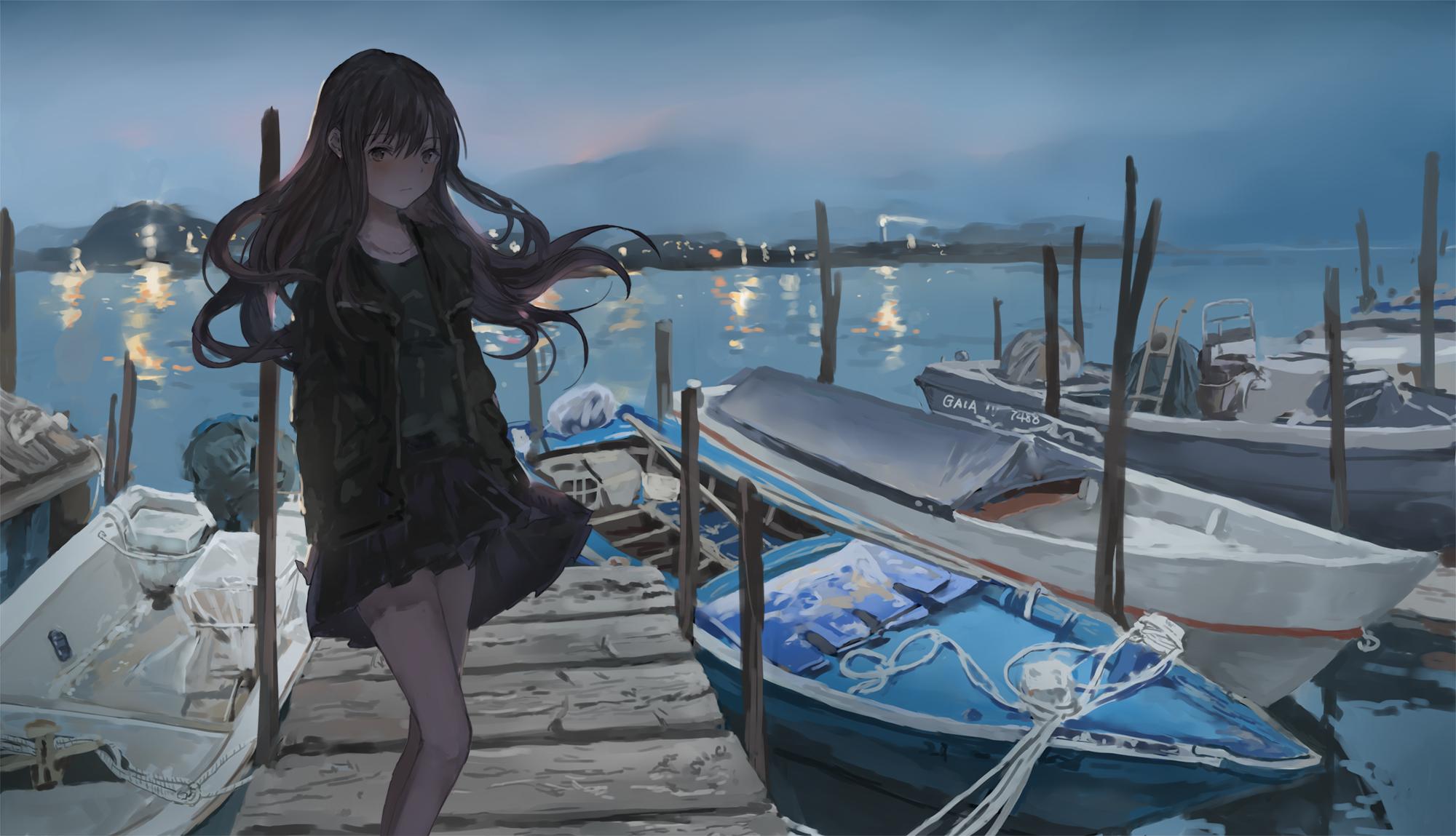 Anime Anime Girls Catzz Boat Dock Lake 2000x1149