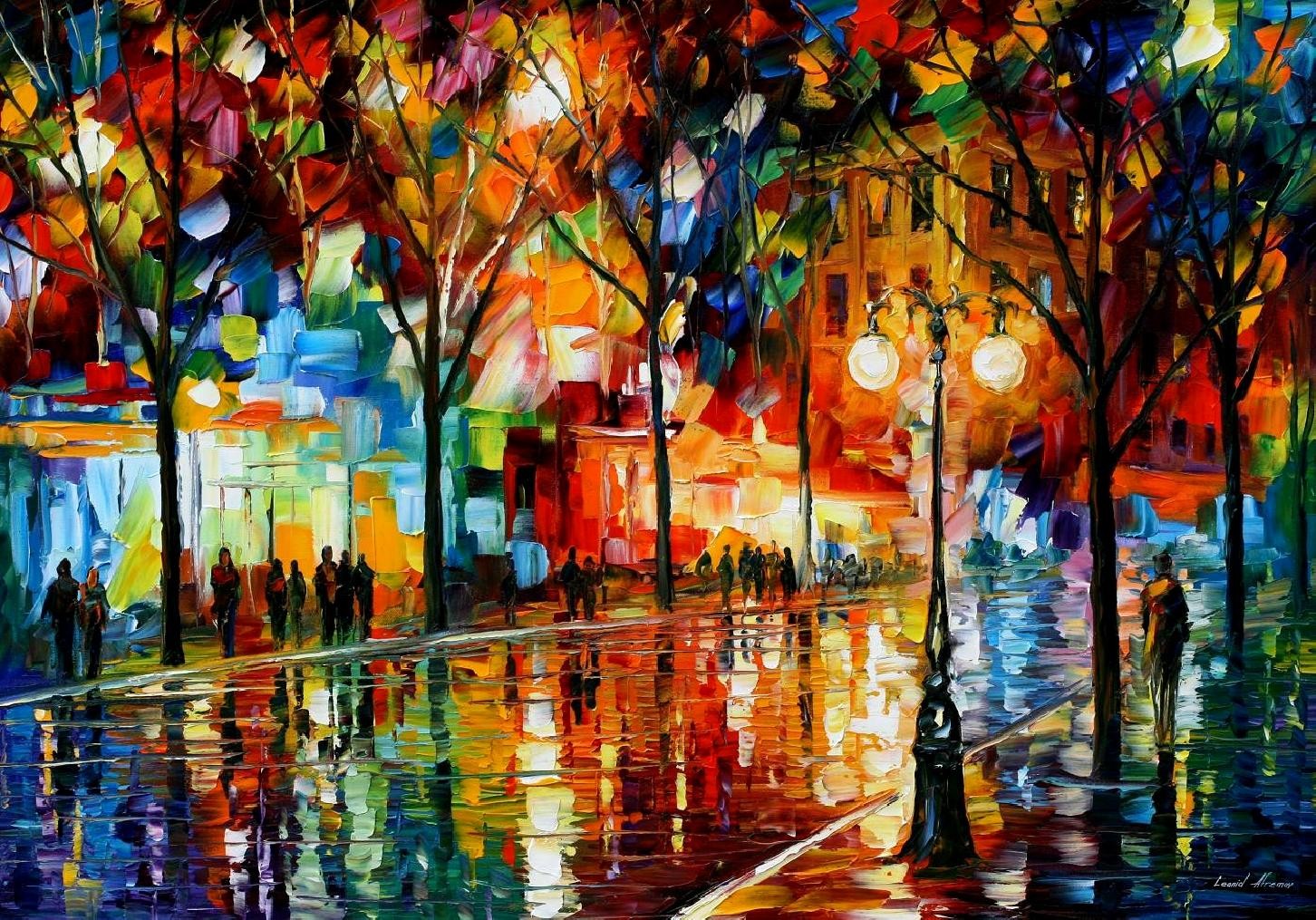 Painting Leonid Afremov Trees Street Light Street Reflection Colorful Artwork 1452x1015