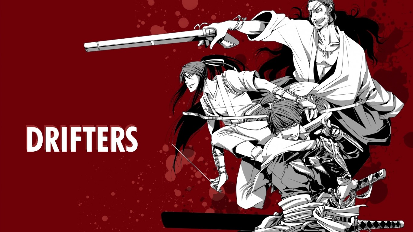 Drifters Anime Anime Girls Anime Boys Weapon Red Background 1366x768