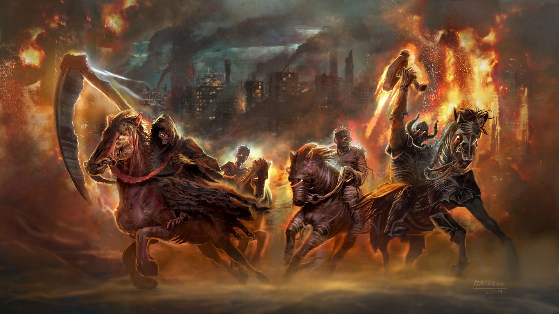 Four Horsemen Of The Apocalypse Horse Fantasy Art Apocalyptic Fire Destruction Scythe War 1920x1080