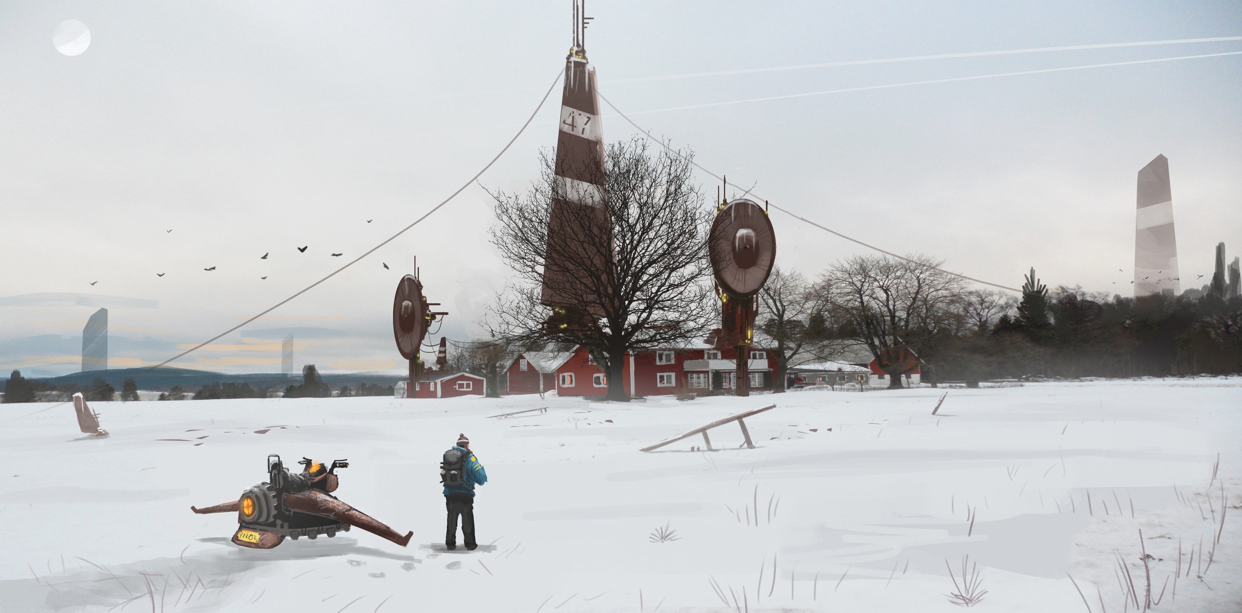 Artwork Futuristic Digital Art Snow Dead Trees Building Alone Field Trees Sweden Simon Stalenhag 3997x1975