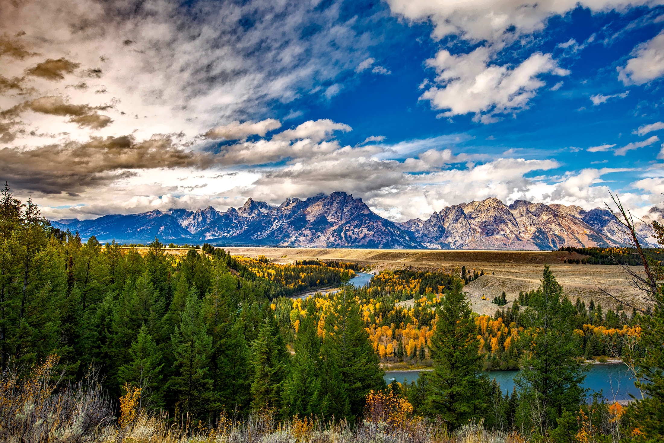 USA Forest River Landscape Cloud Fall Wyoming Grand Teton National Park Tree Mountain Nature 2201x1467