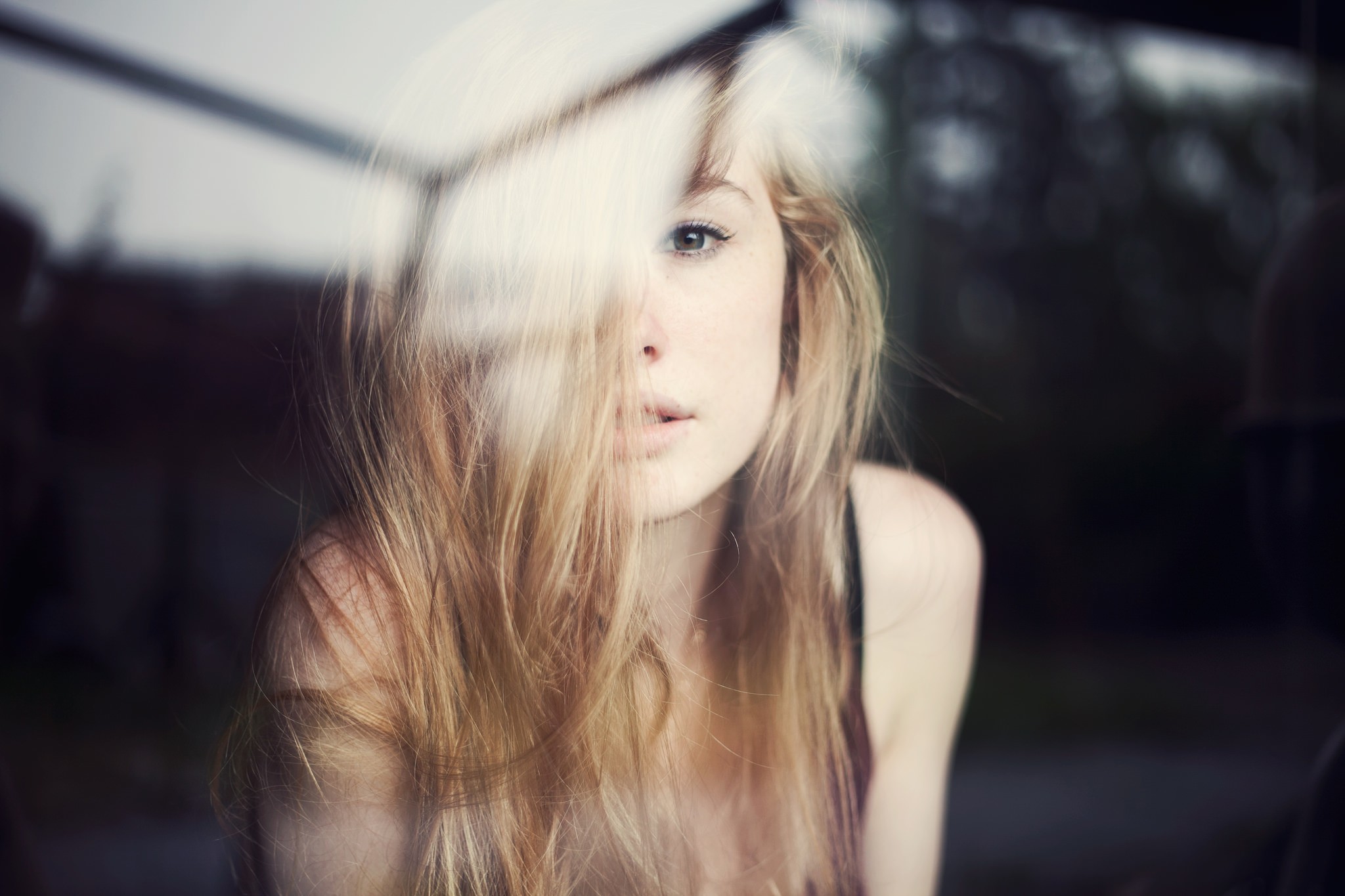 Women Ruby James Blonde Hair In Face Looking At Viewer Looking Out Window Long Hair Reflection 2048x1365