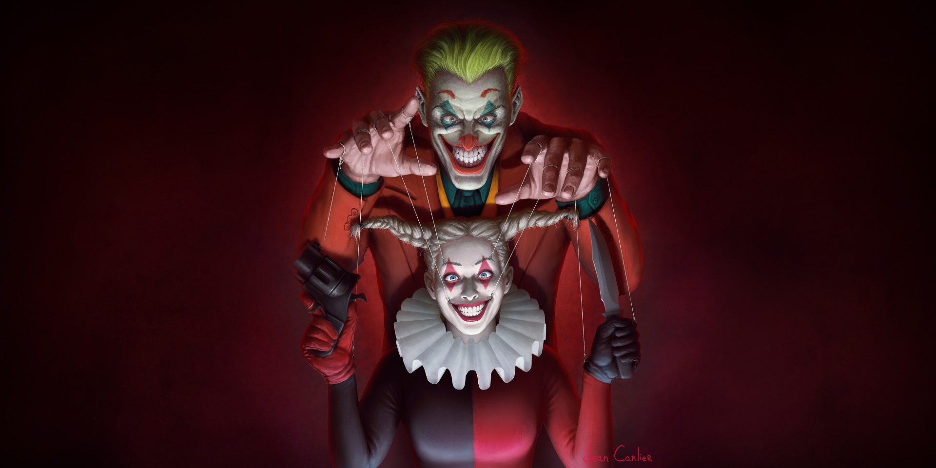 Artwork Joker Harley Quinn Clown Puppets Neon Hair Smiling Frills Frontal View 1920x960