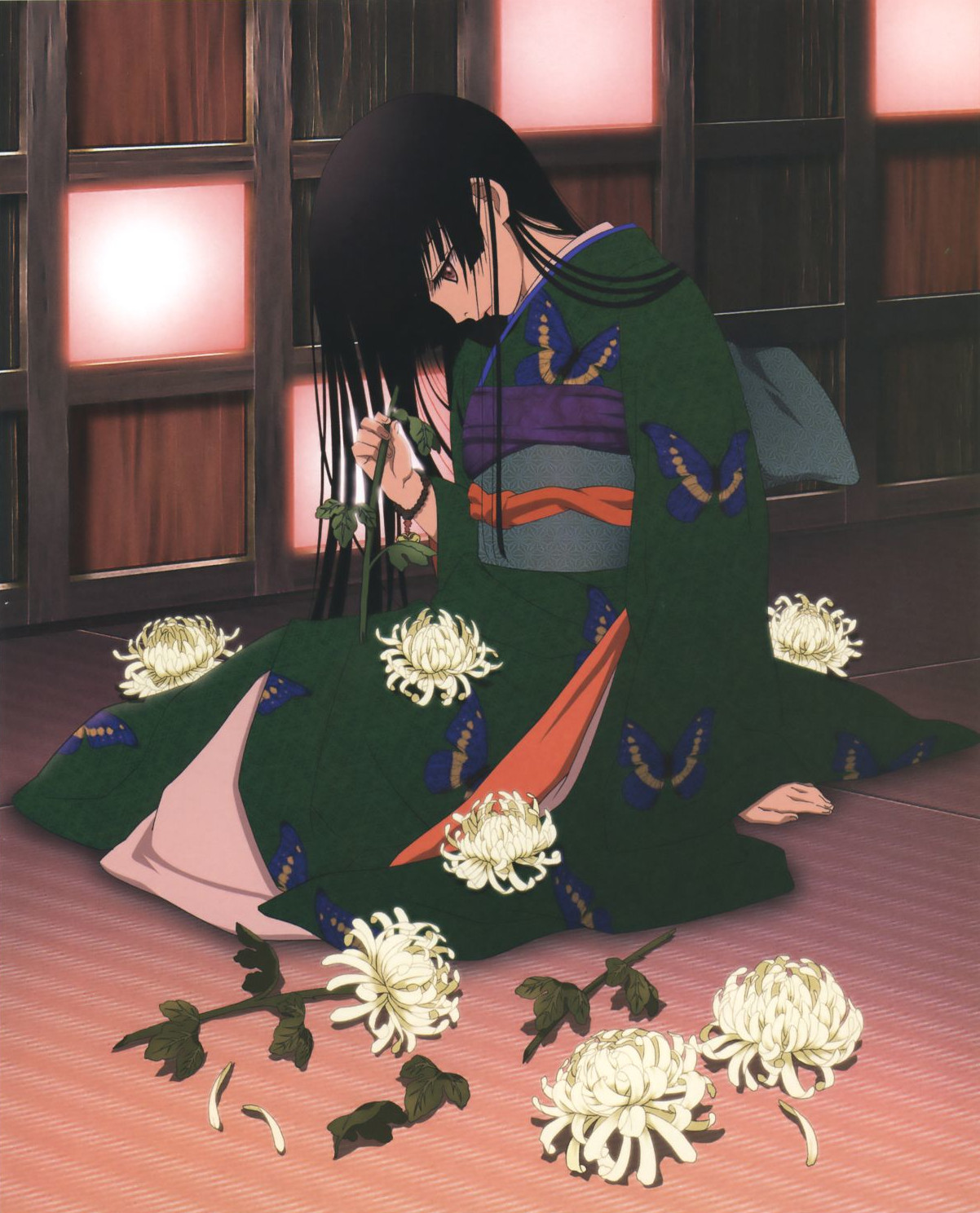 Jigoku Shoujo Enma Ai Anime Girls Anime Kimono Flowers Dark Hair 1202x1488