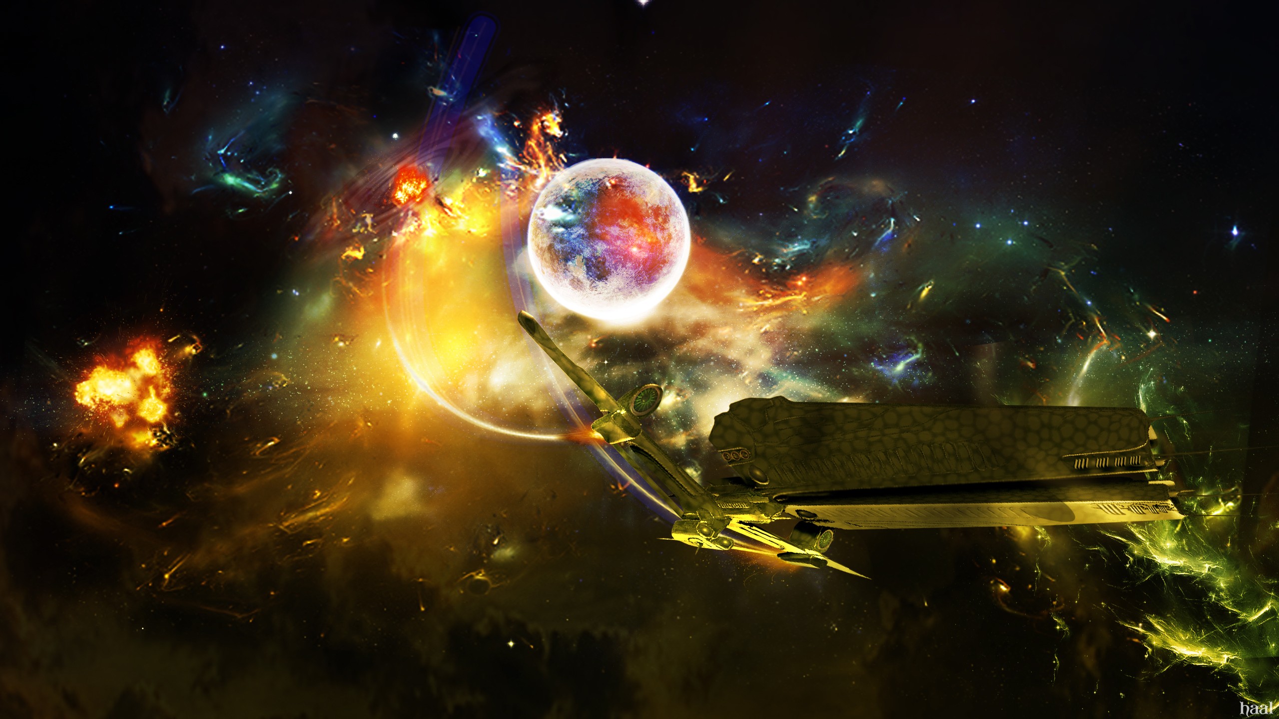 Space Spaceship Planet Explosion 3D Digital Art Space Art Artwork 2560x1440