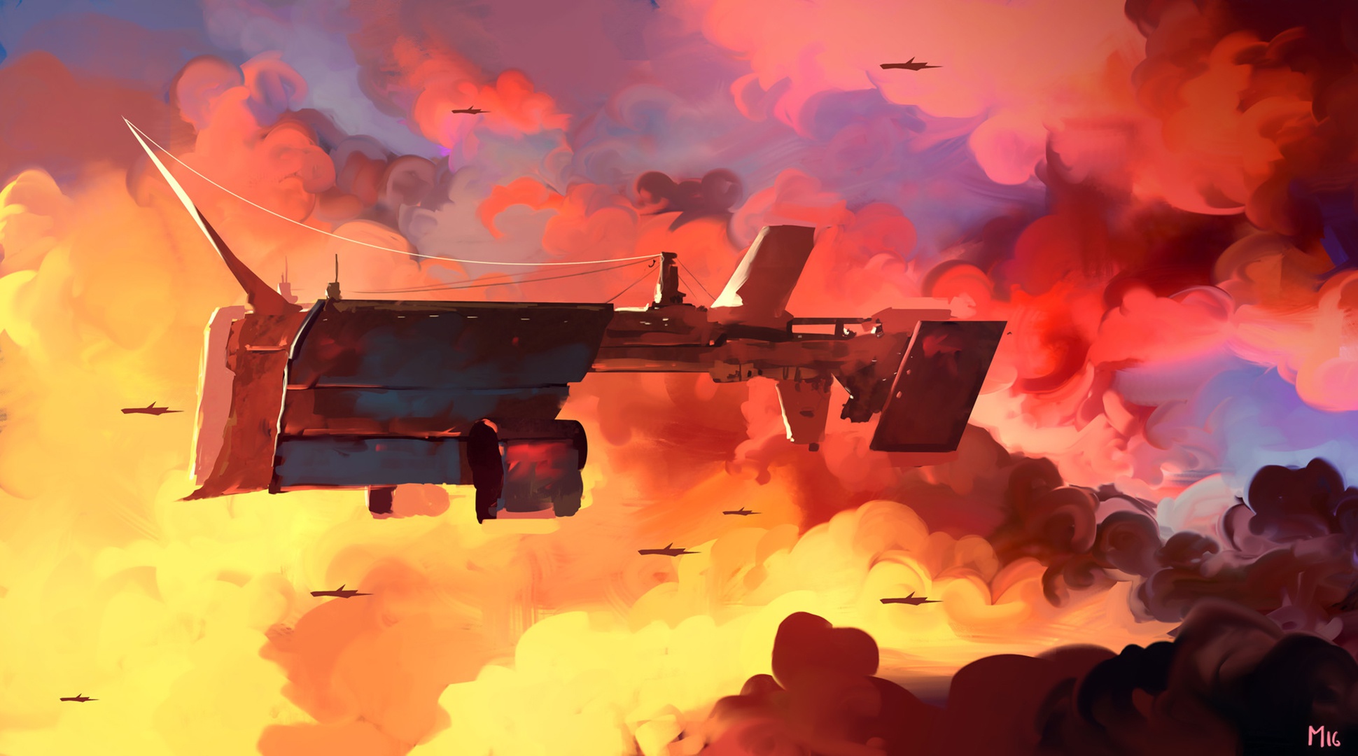 Sky Clouds Futuristic Artwork Vehicle Dominik Mayer Orange Sky Orange 1940x1080