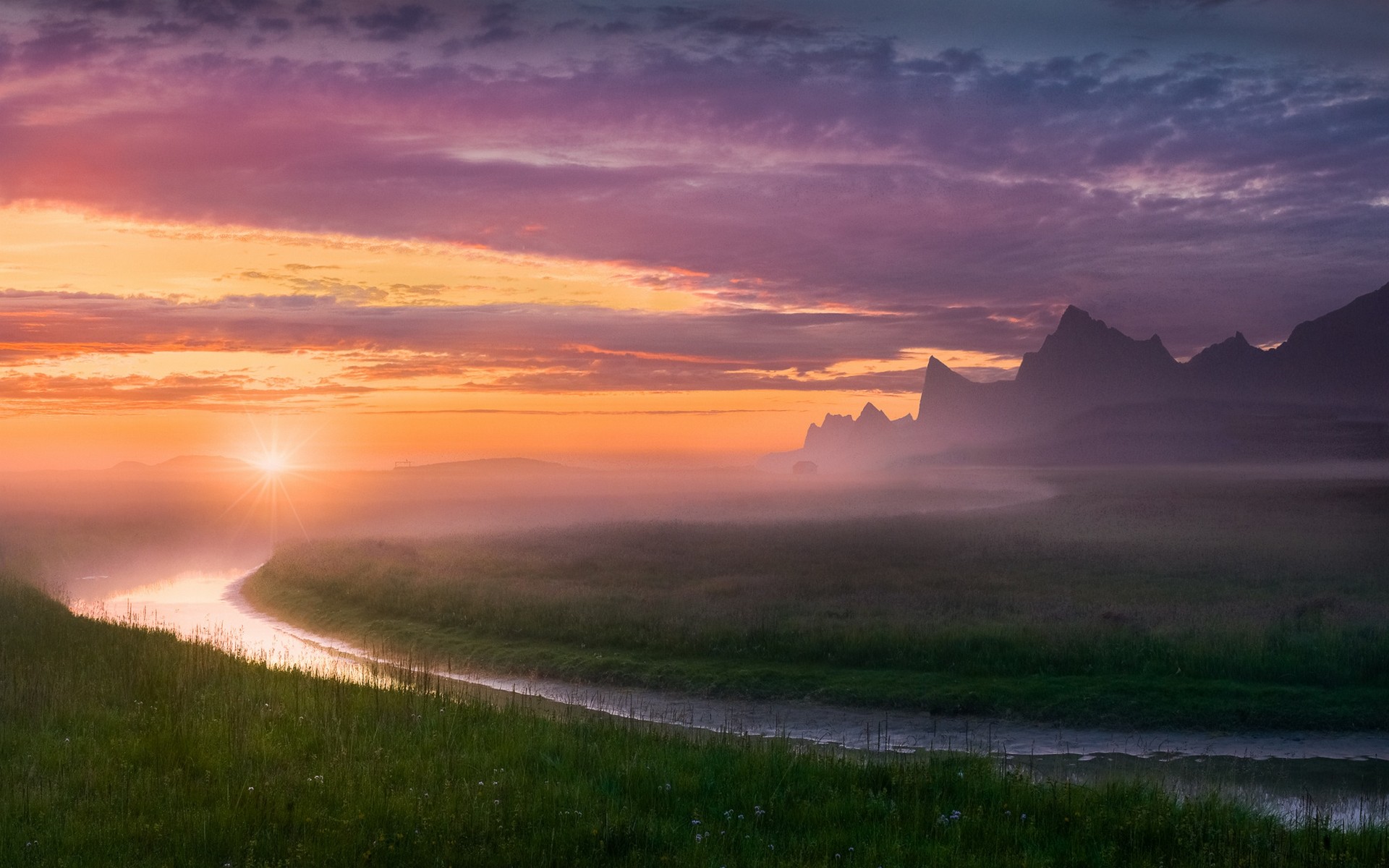 Nature Landscape River Midnight Mist Sky Norway Mountains Summer Clouds Grass Sunset Europe 1920x1200