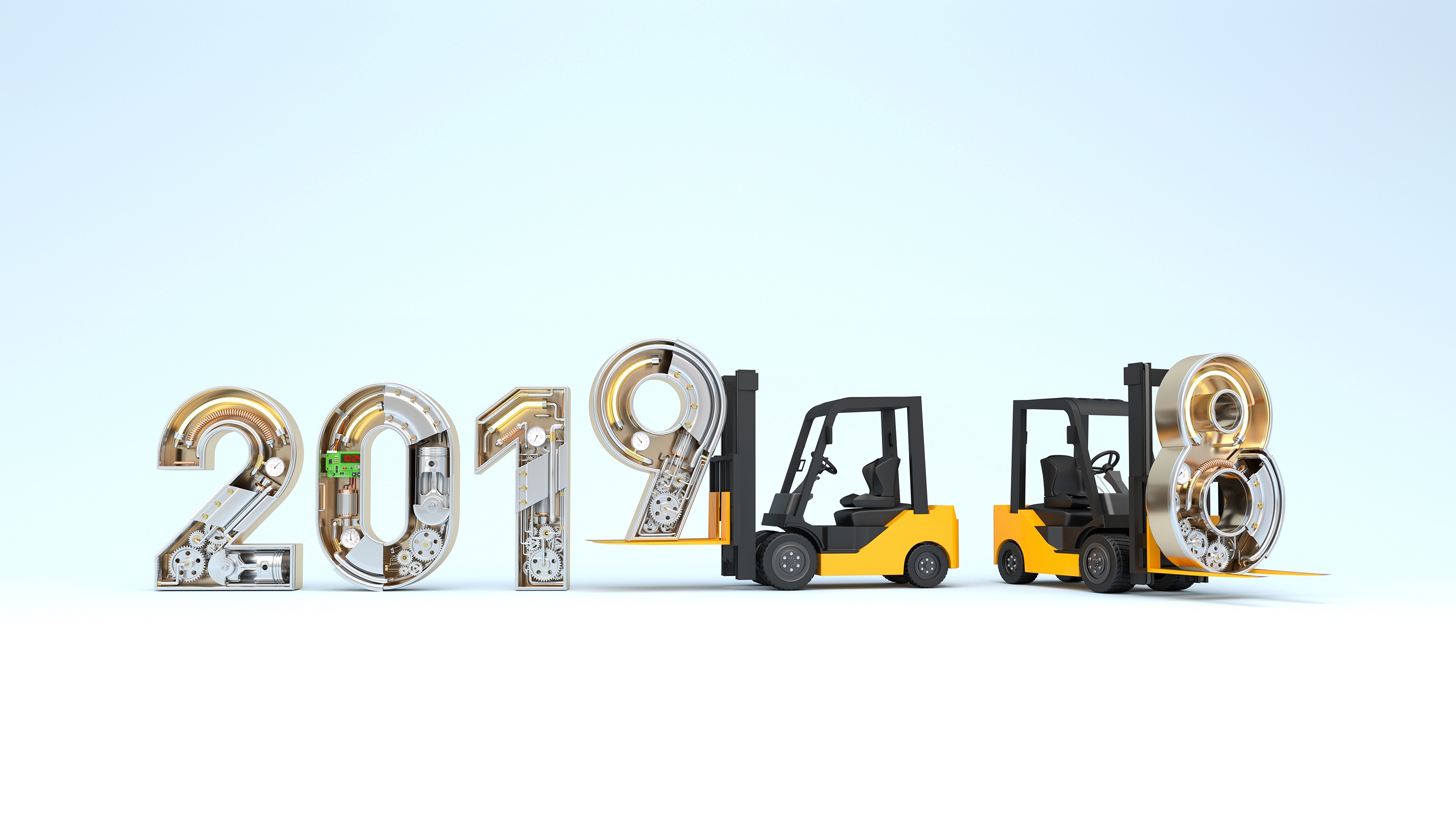 2019 Year Numbers 2018 Year Simple Background Digital Art Forklifts Gears Technology 3000x1702