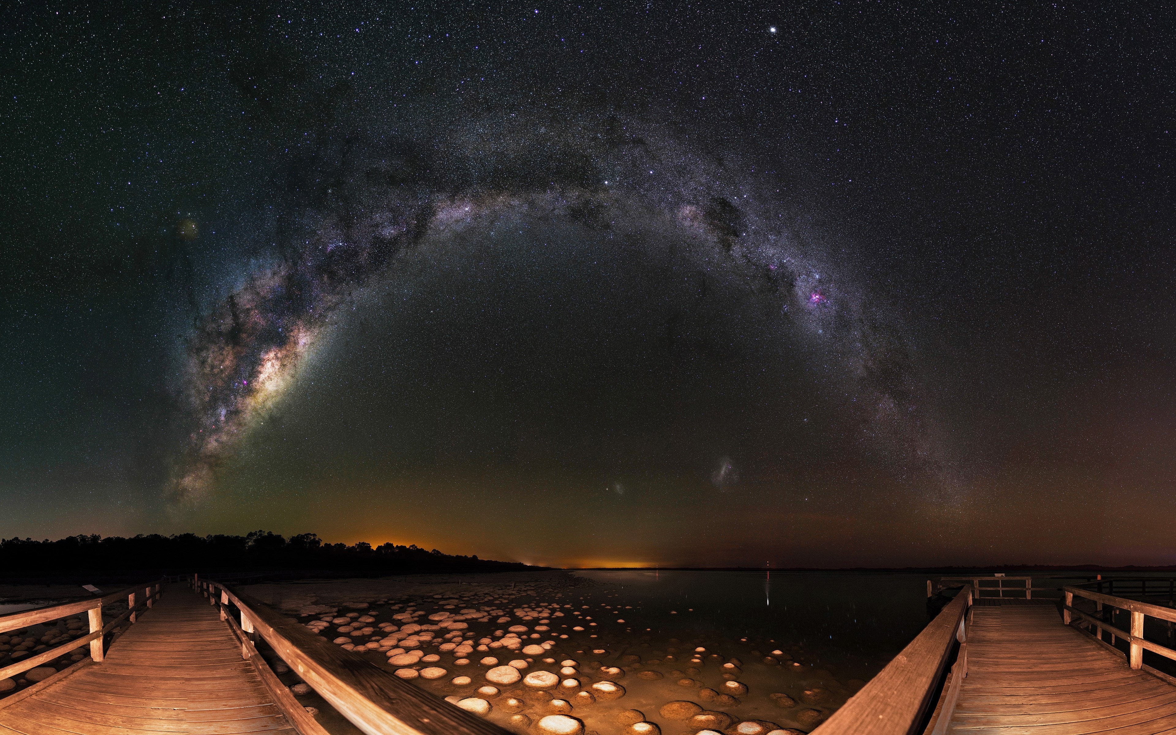 Night Stars Pier Milky Way Panoramas Sunset Stones Water Forest Horizon Lake Australia 3840x2400