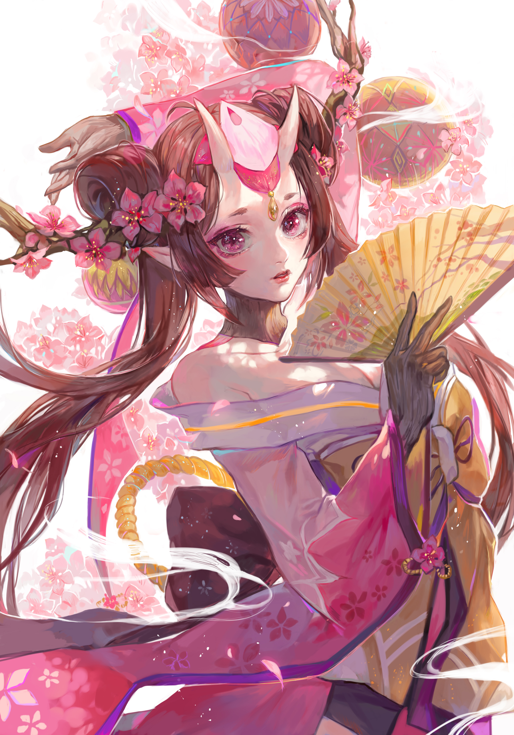 Women Fantasy Girl Horns Brunette Long Hair Pink Eyes Pointed Ears Flower In Hair Looking At Viewer  1800x2575
