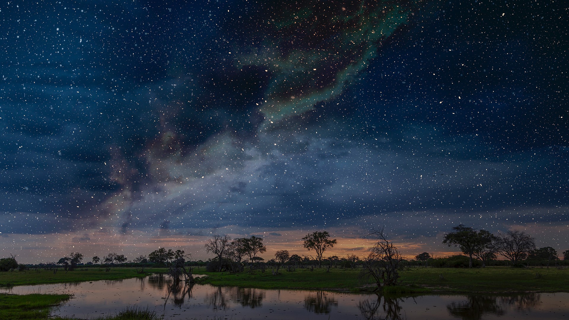 Nature Landscape Sunset Pond Trees Grass Night Stars Clouds Botswana South Africa 1920x1080