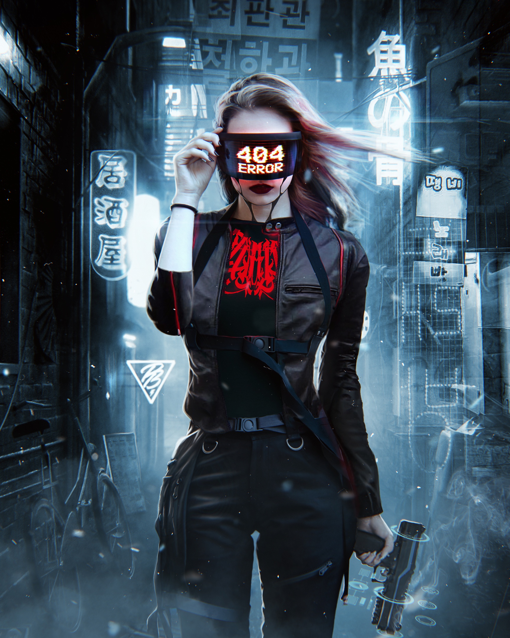 Women Blonde Futuristic Jacket Pants Black Clothing Gun Photoshop Neon Cyberpunk Artwork Digital Art 1728x2160