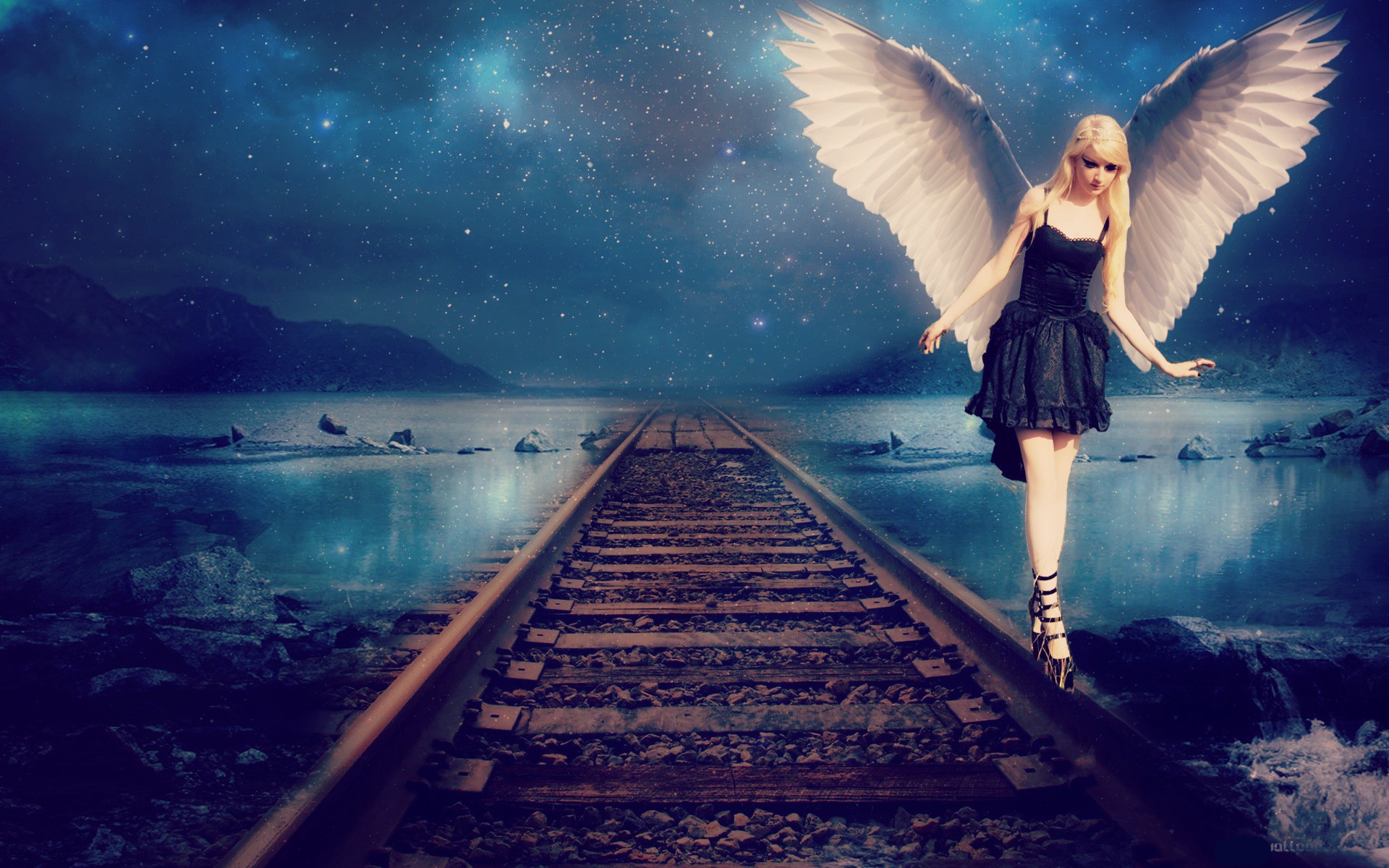 Digital Art Fantasy Art Wings Railroad Track Angel Women Sky Night Sky 1920x1200