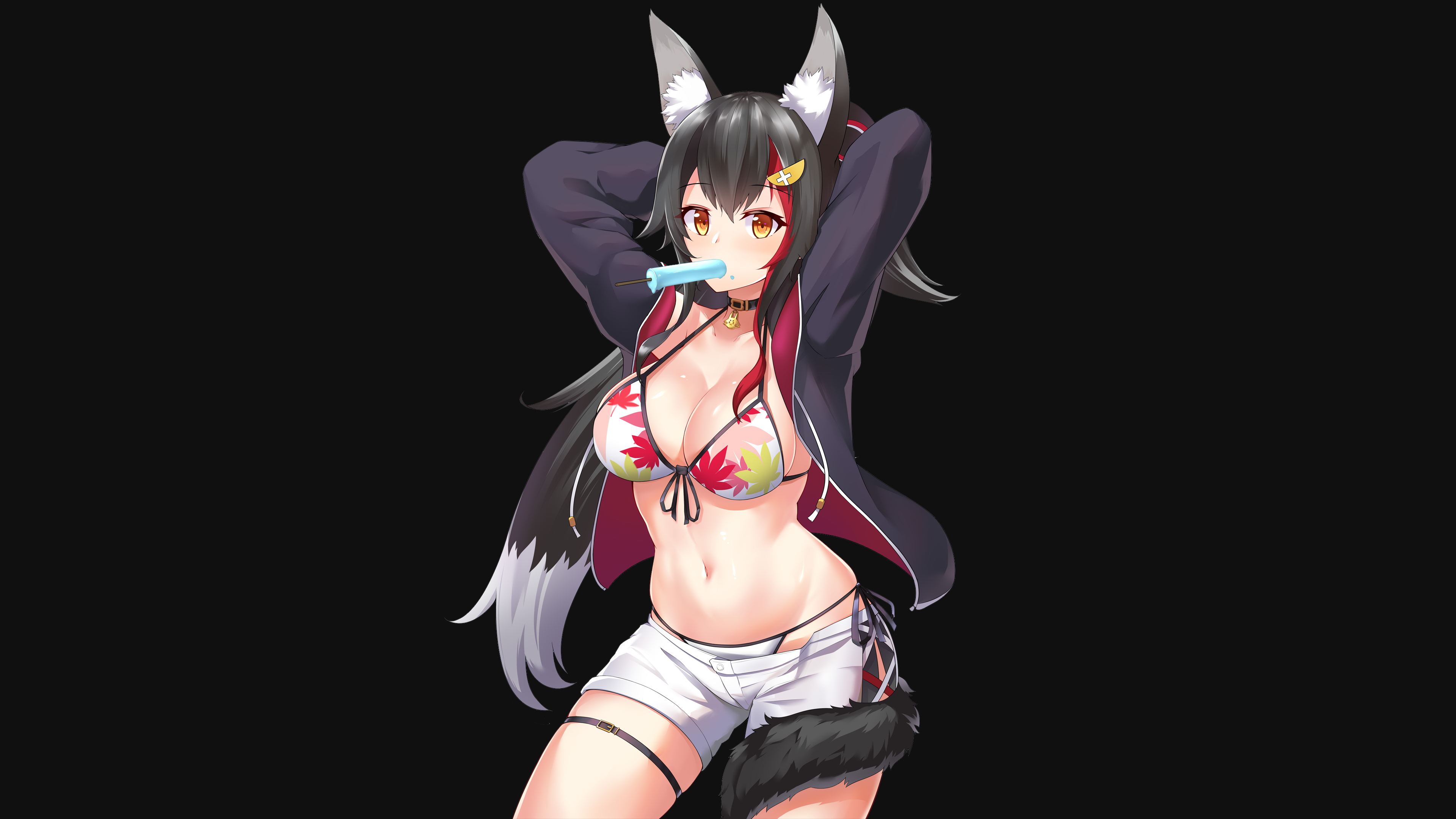 Fox Girl Anime Anime Girls Popsicle Fox Ears Looking At Viewer Anime Render Simple Background Ookami 3840x2160
