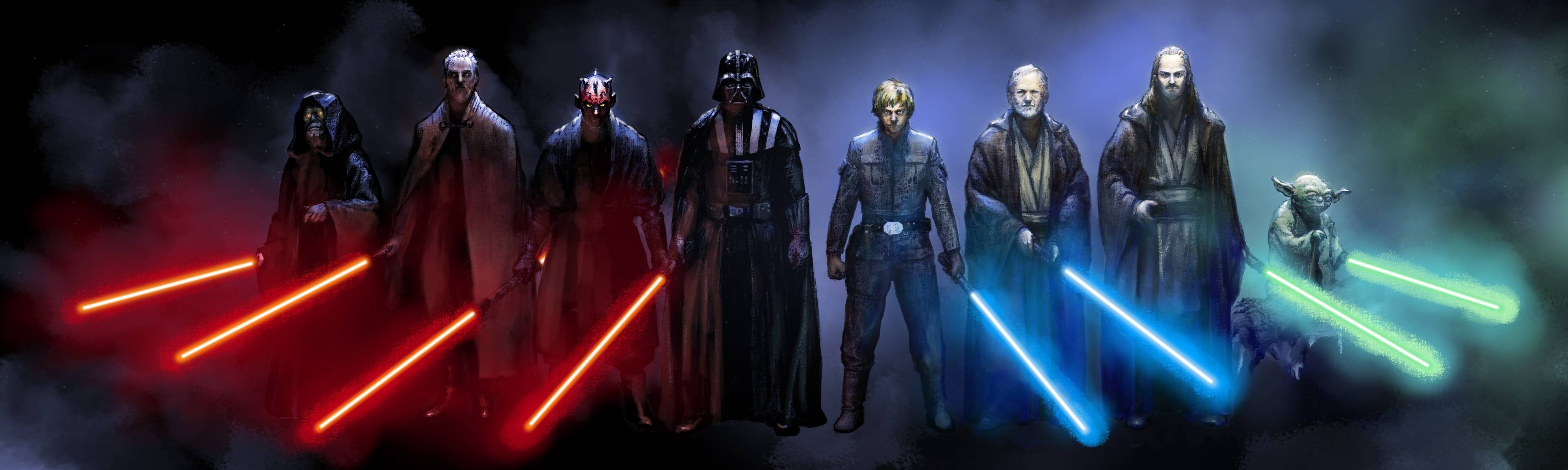 Star Wars Jedi Sith Laser Swords Mask Emperor Palpatine Luke Skywalker Darth Vader Yoda Collage Star 4000x1200