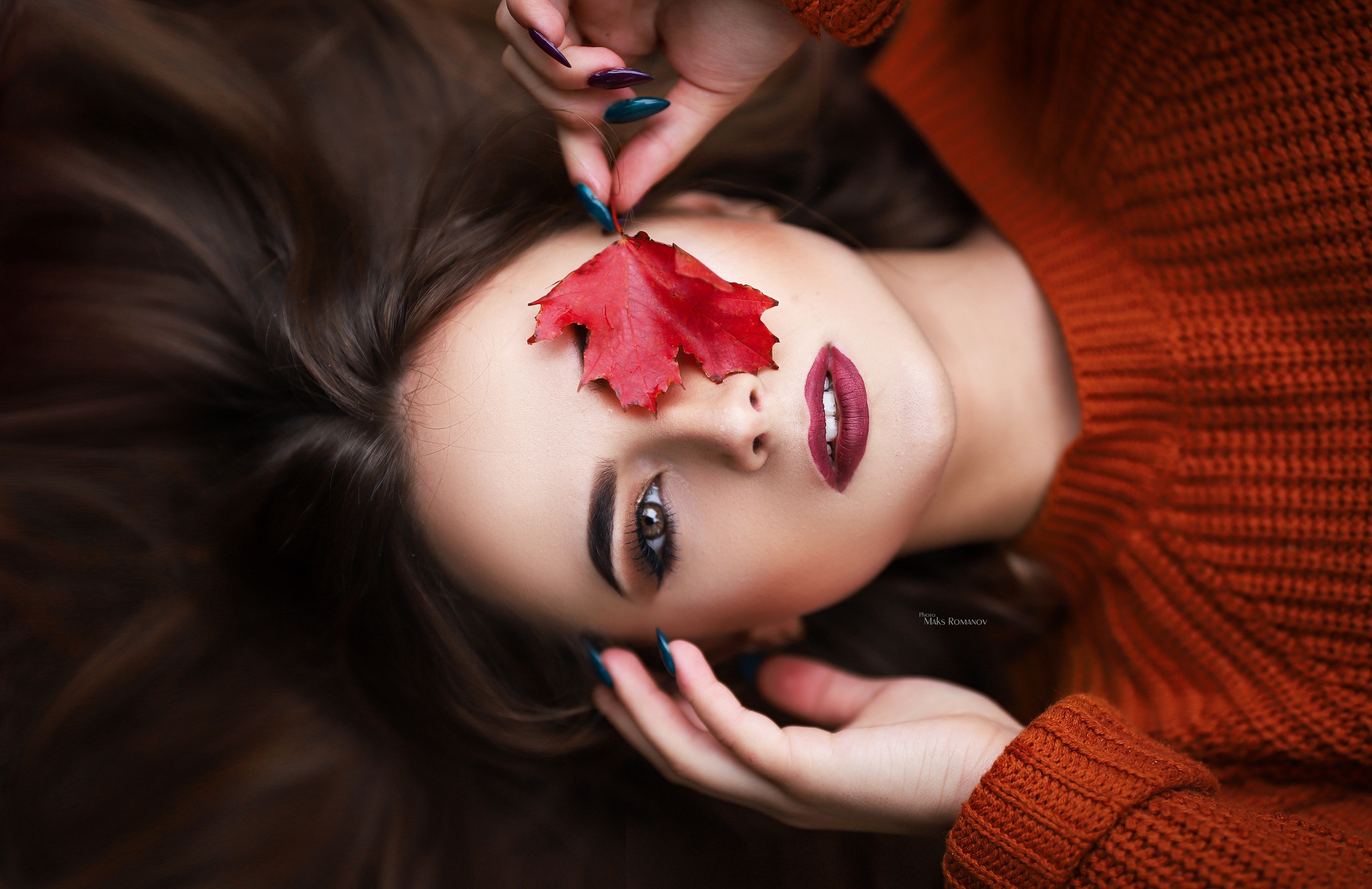 Maksim Romanov Portrait Leaves Makeup Face Women Model Sweater Brown Eyes Red Lipstick Top View Red  2560x1660