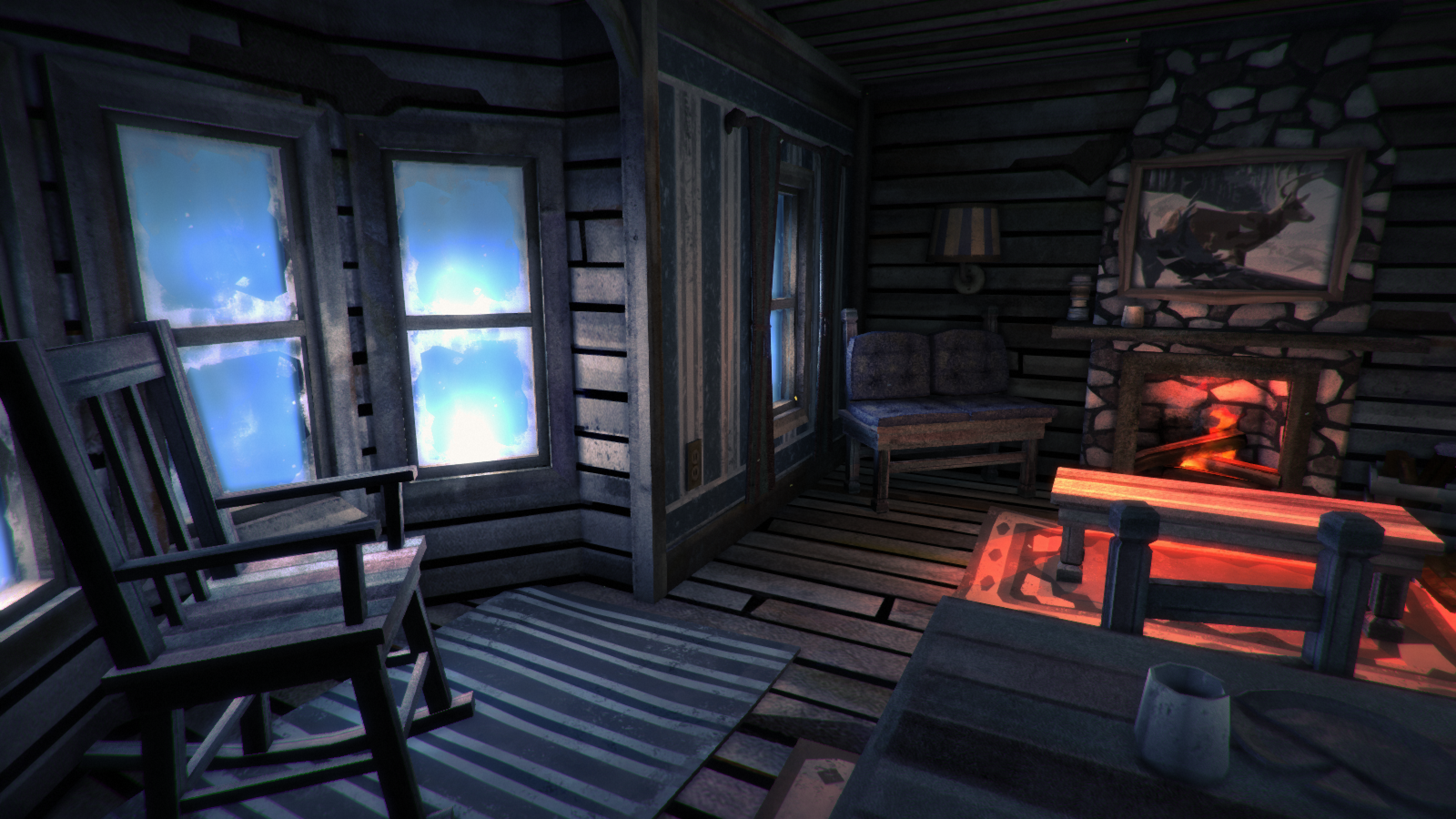 The Long Dark Cabin Cold Fireplace Chair Literature Snow Video Games 6400x3600