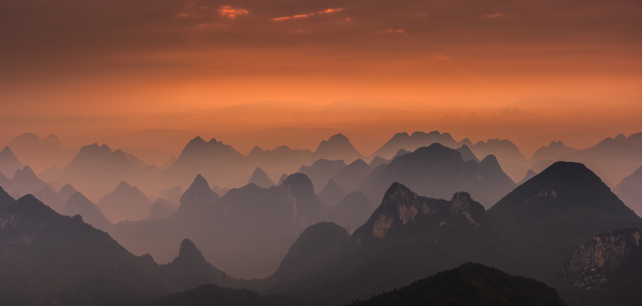 Nature Landscape Mountains Mist Guilin China Amber Sky Lace 2048x978