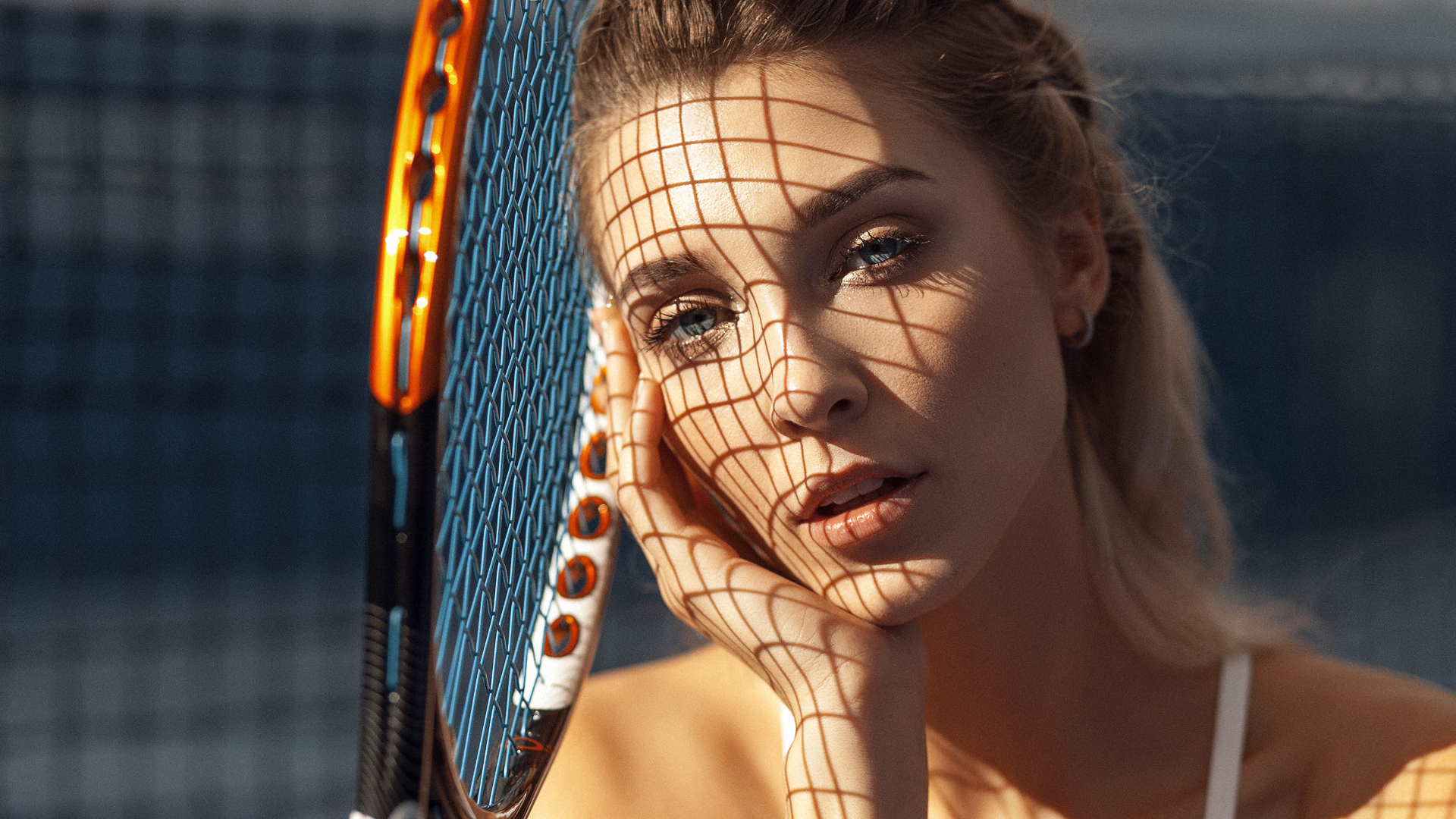 Women Blonde Face Tennis Rackets Portrait Gray Eyes 1920x1080