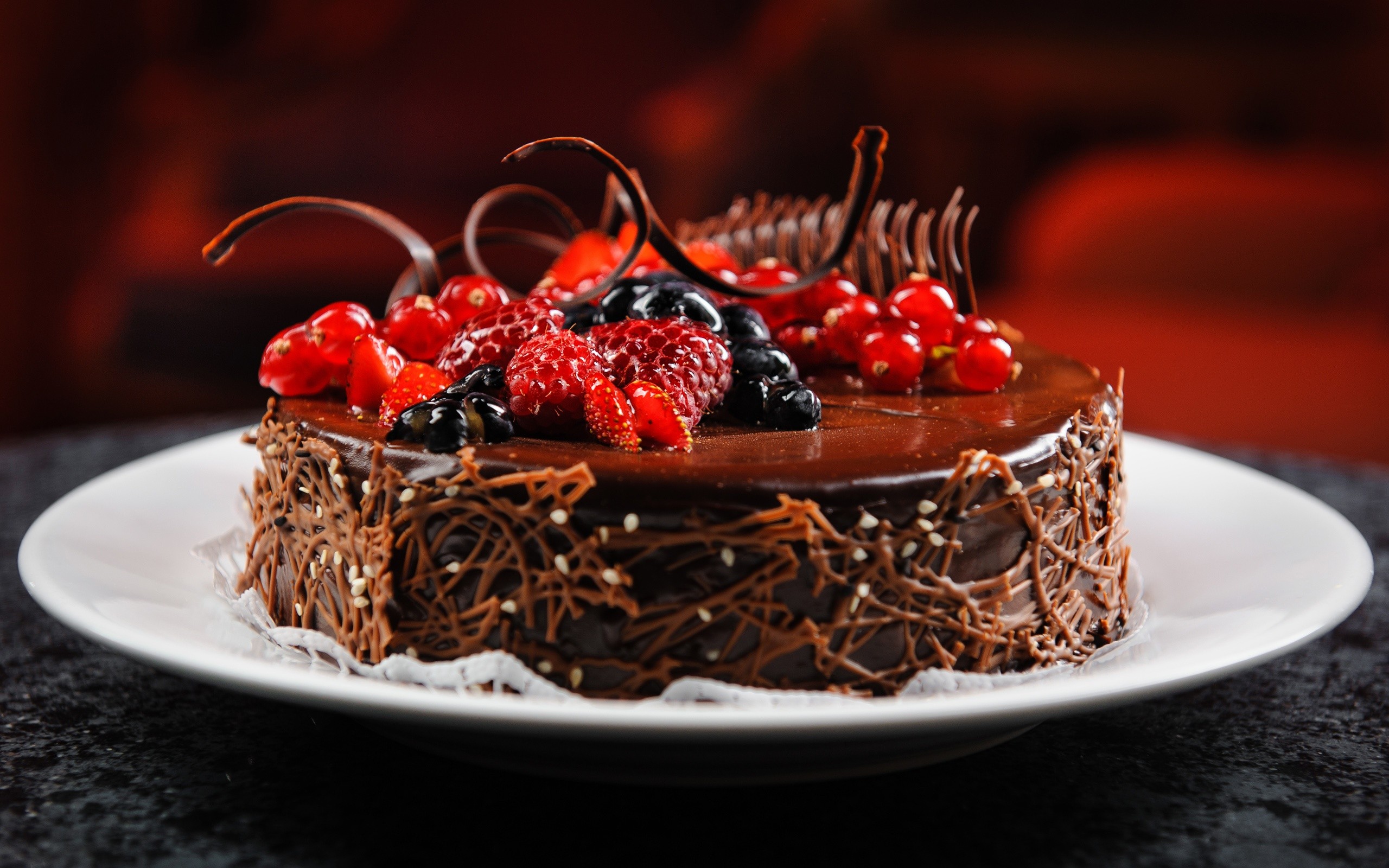 Chocolate Cake Dessert Fruit Red Berries Sweets Raspberries 2560x1600