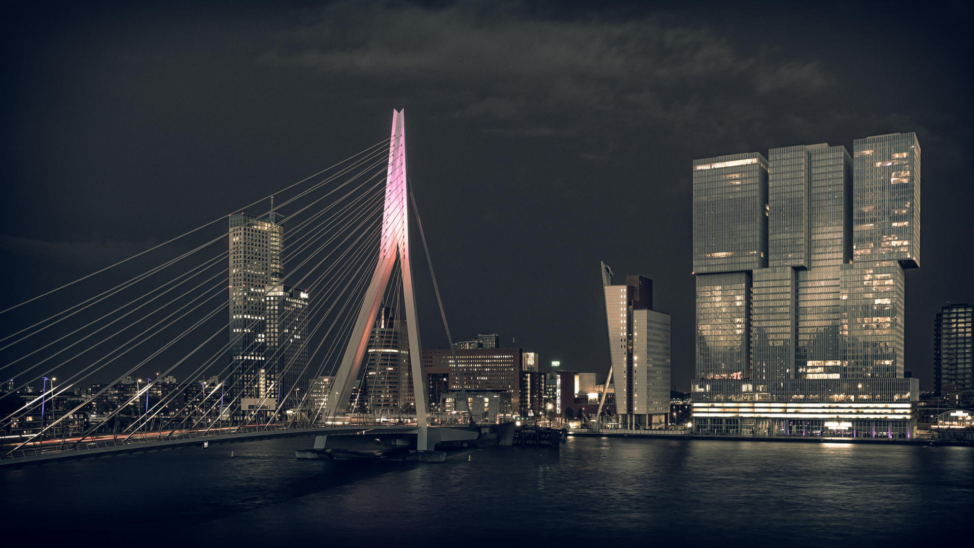 Architecture Building Netherlands River Bridge Night Cityscape Skyscraper Rotterdam 1920x1080