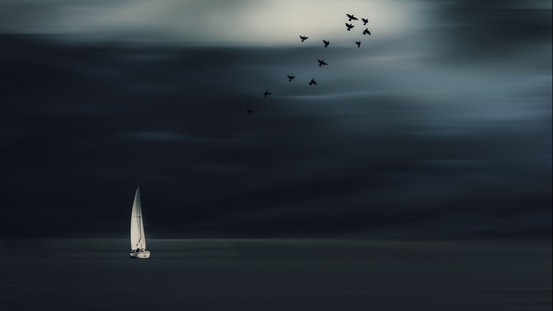 Nature Landscape Minimalism Horizon Sailing Ship Birds Photoshop Clouds Sea Sailboats 1920x1080