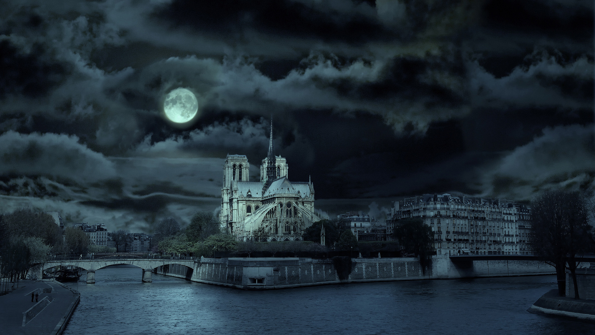 Church Night Moon Moonlight River Cityscape Paris France Notre Dame Photo Manipulation 1920x1080