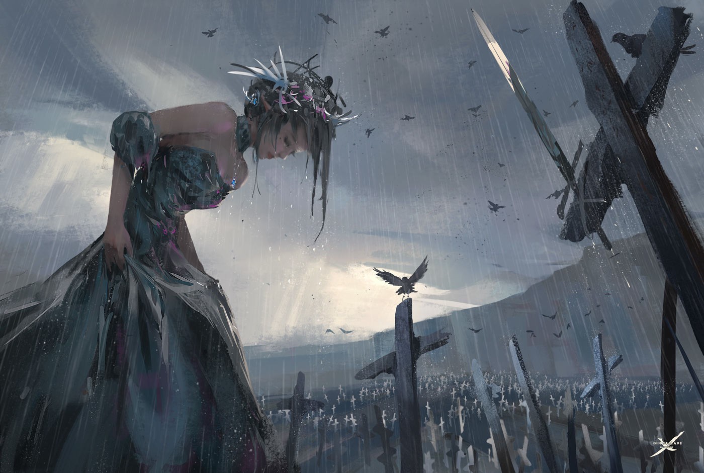 Anime Fantasy Girl Fantasy Art Cross Grave Rain Dress 1400x940