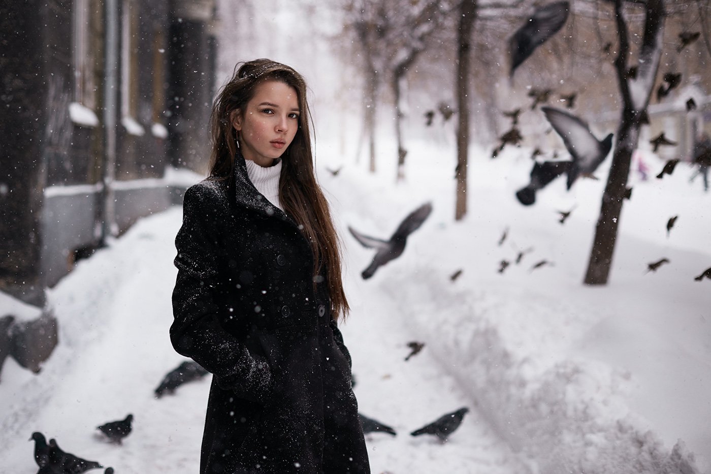 Alexander Skripnikov Women Model Brunette Snow Pigeons Coats Women Outdoors Black Coat Hands In Pock 1400x933