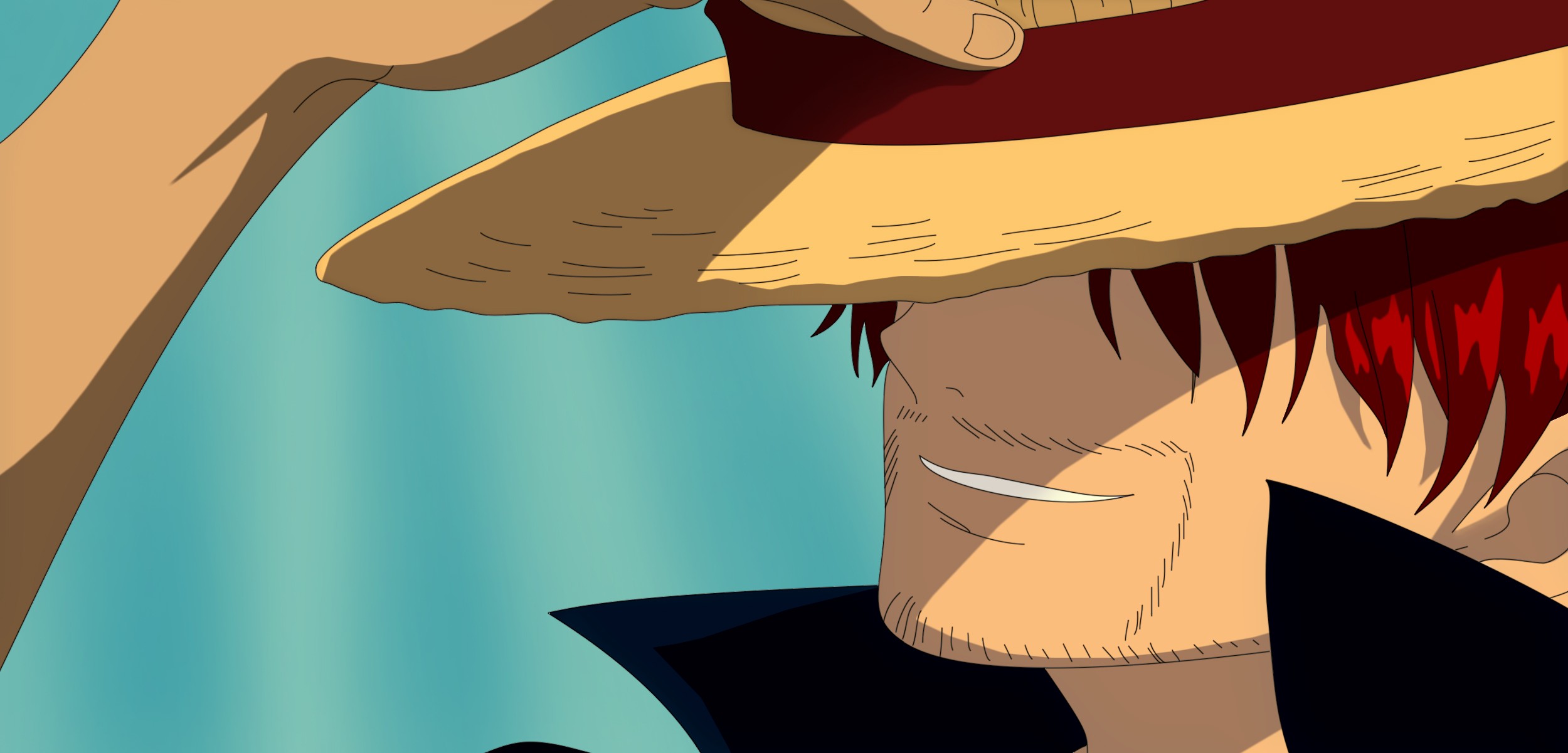 One Piece Shanks Anime Boys Redhead Smiling Hat Blue Background Anime 2500x1201