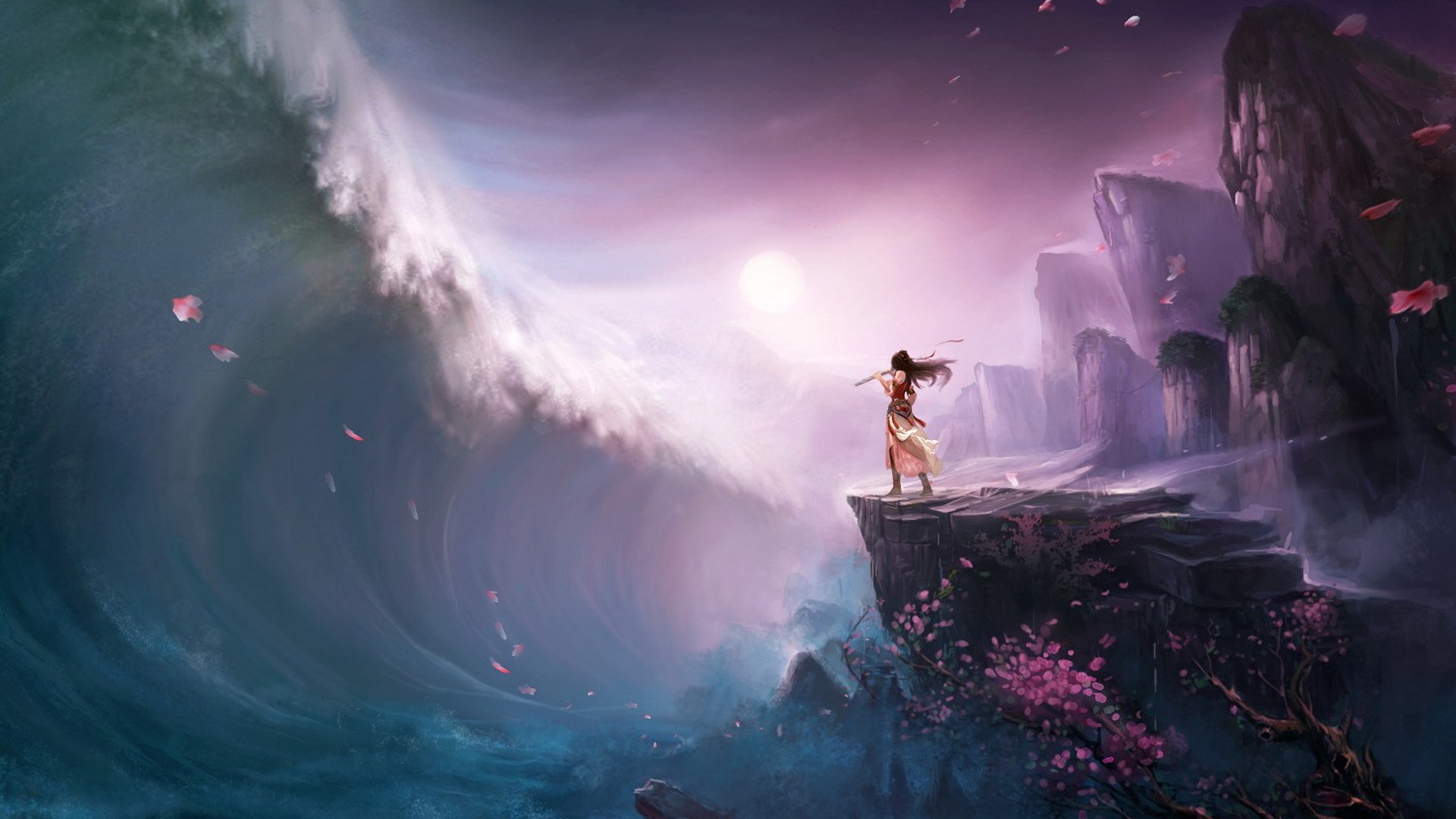 Anime Girls Anime Sea Lotus Flowers Mountain Pass Digital Art Fantasy Art 1920x1080