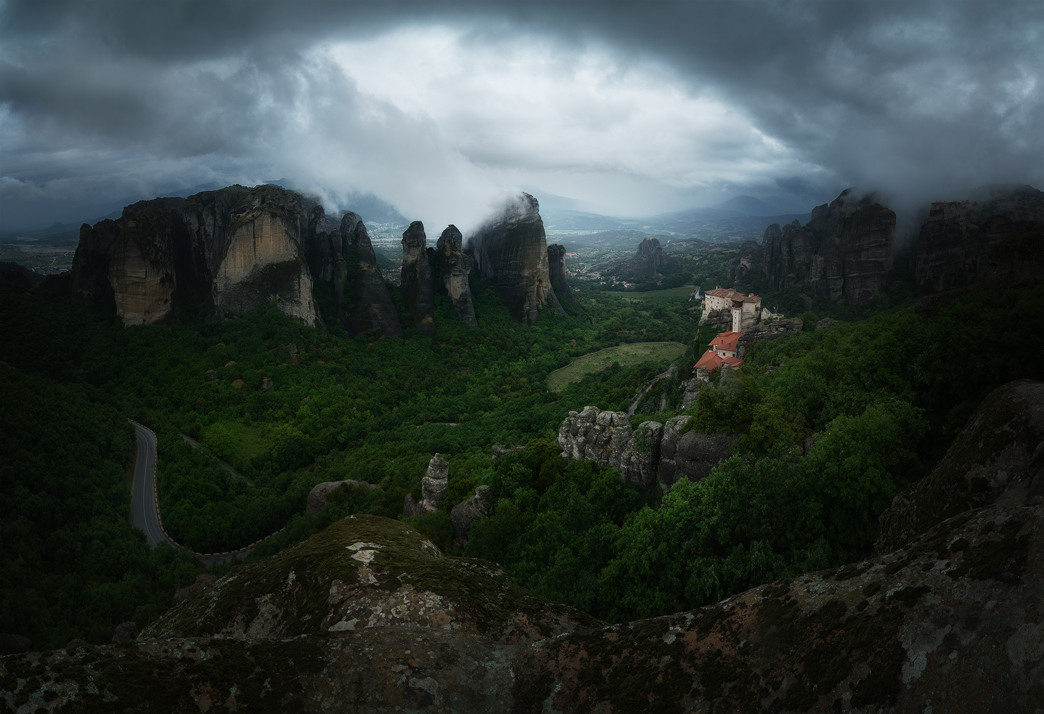 Dark Nature Landscape Meteora Greece Overcast Mountains Valley 2048x1401