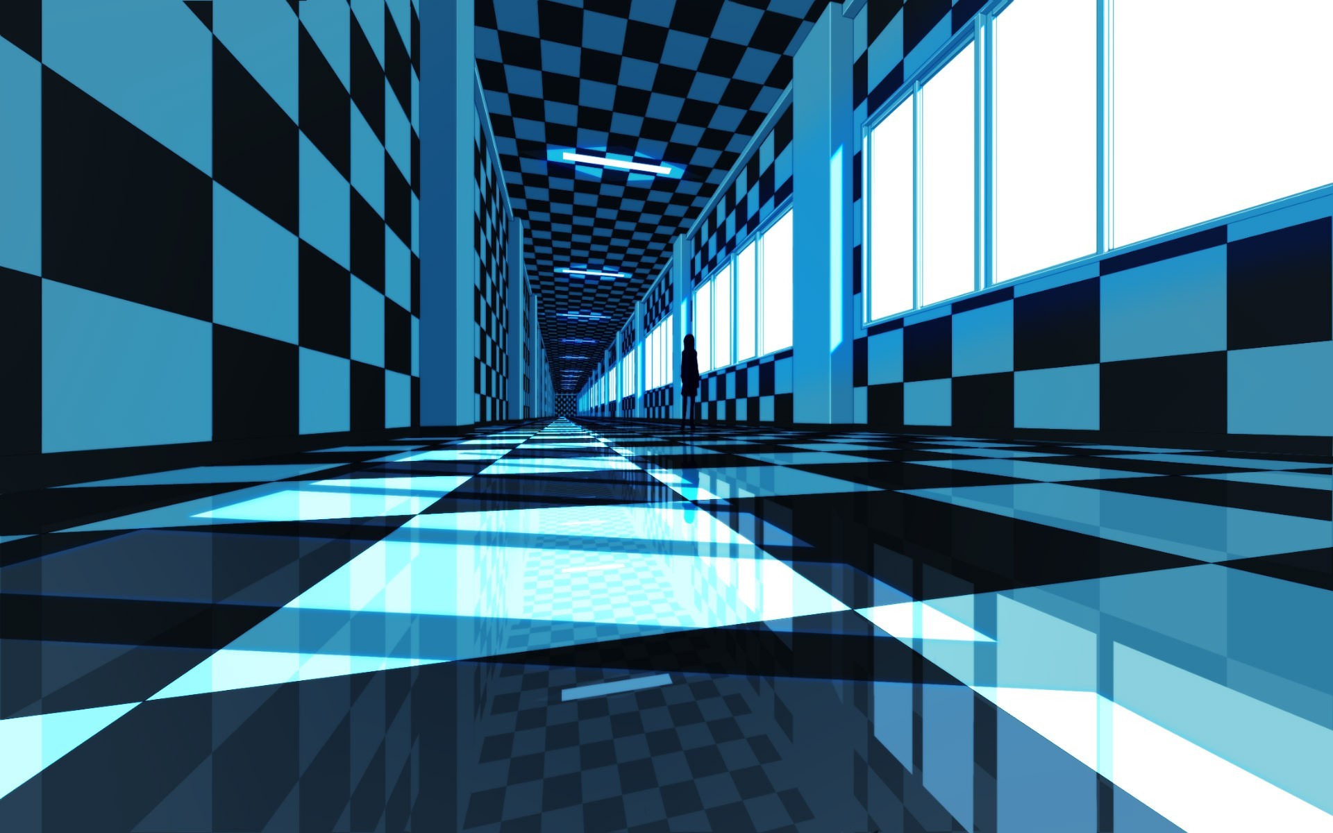 Anime Hallway Black Rock Shooter Cyan Blue Checkered Chess Floor 1920x1200