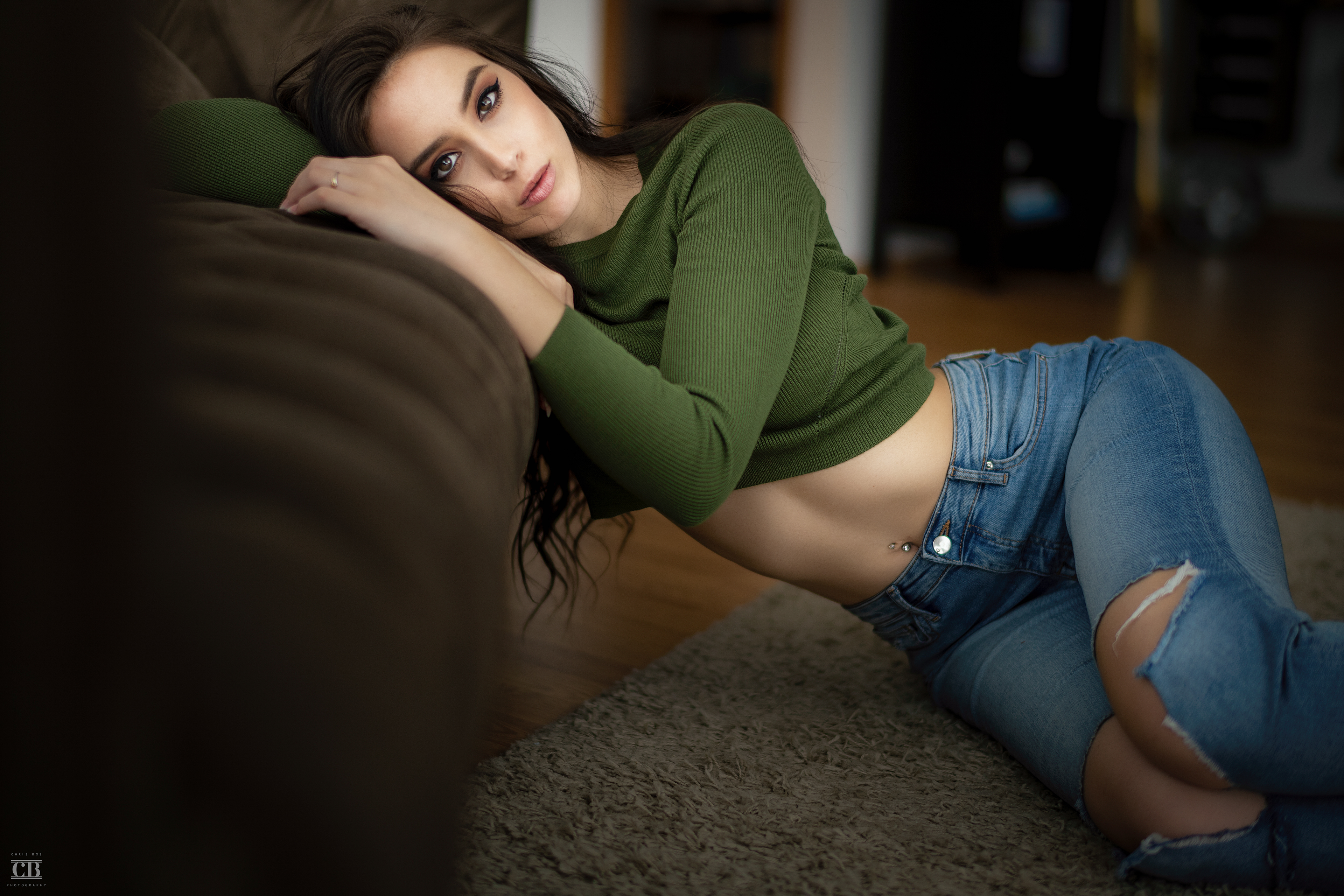Anna Bous Women Brunette Model Long Hair Looking At Viewer Crop Top Green Top Sweater Jeans Torn Jea 3840x2560