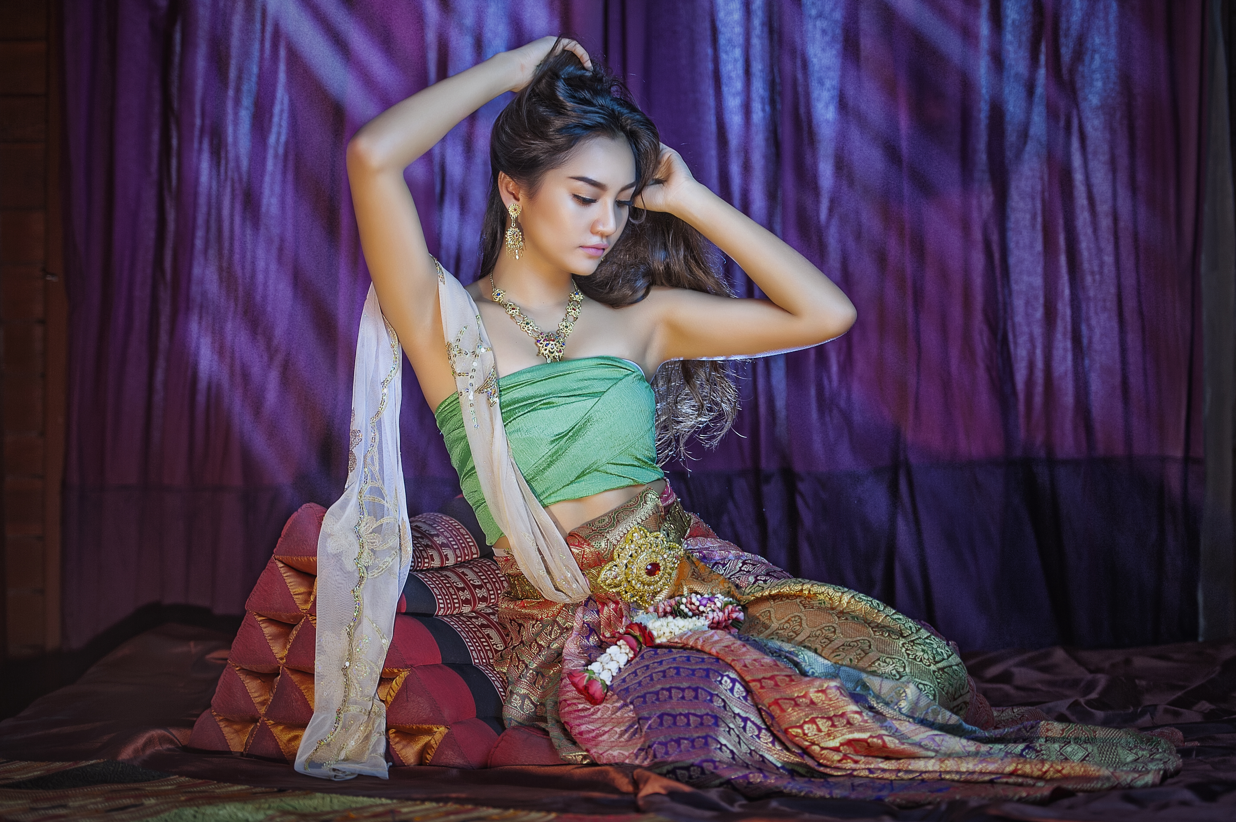 Oriental Asian Girl Woman Thai Model Traditional Costume Earrings Drape Necklace 4256x2832