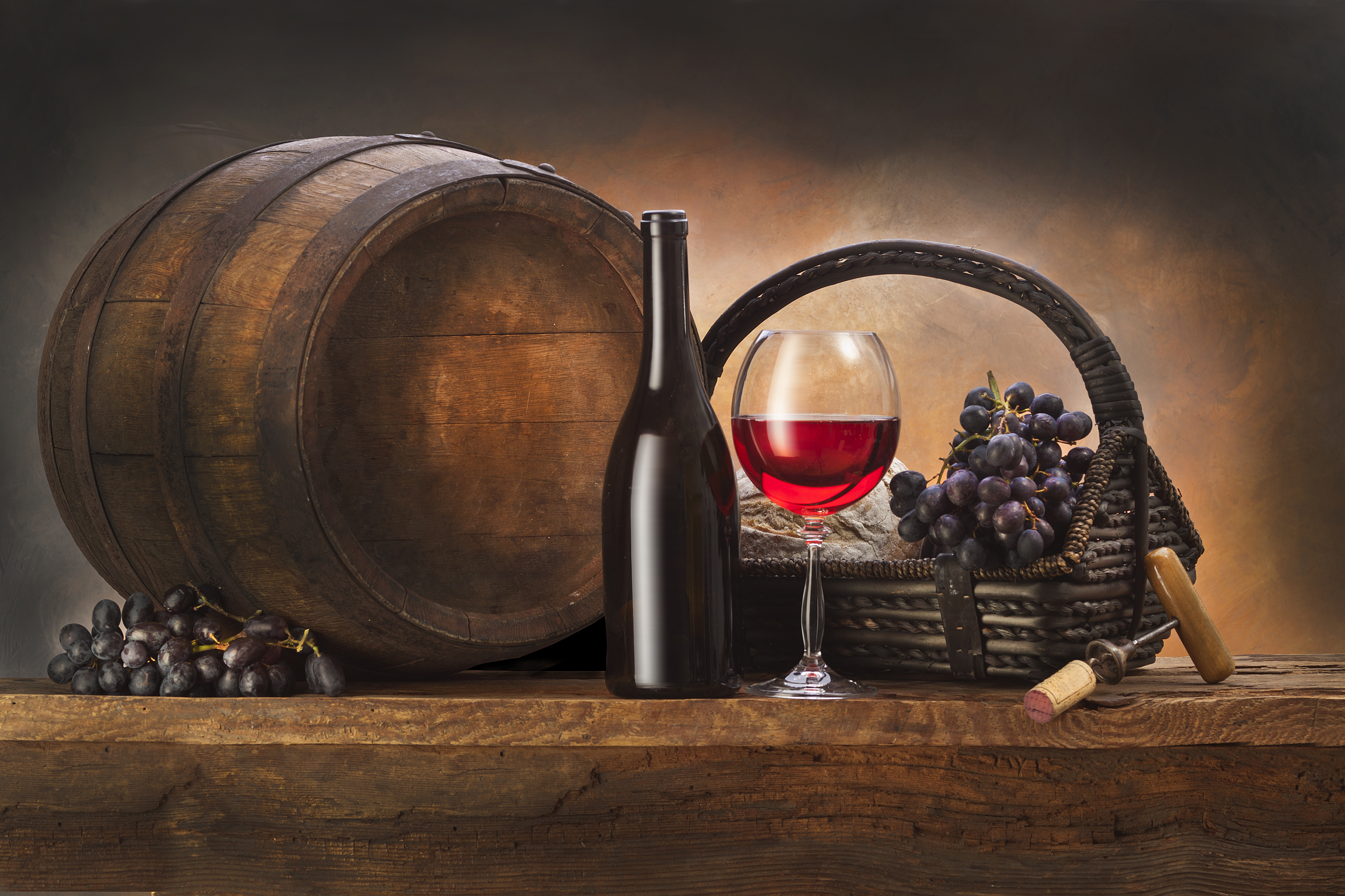 Wine Barrel Bottle Glass Grapes Still Life 6000x4000