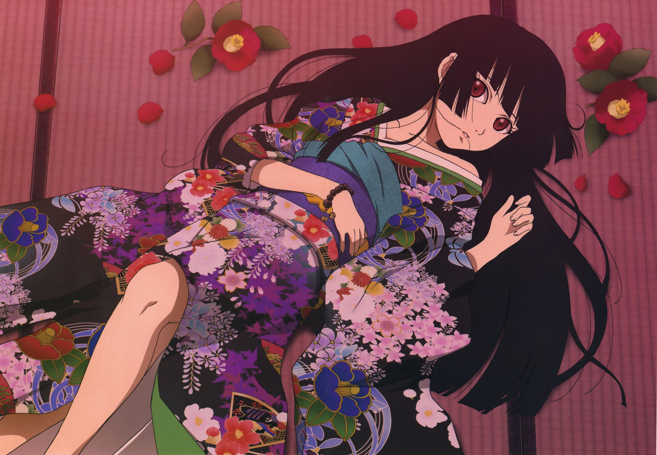 Jigoku Shoujo Enma Ai Anime Girls Anime Flowers Long Hair Dark Hair Red Eyes 2306x1596