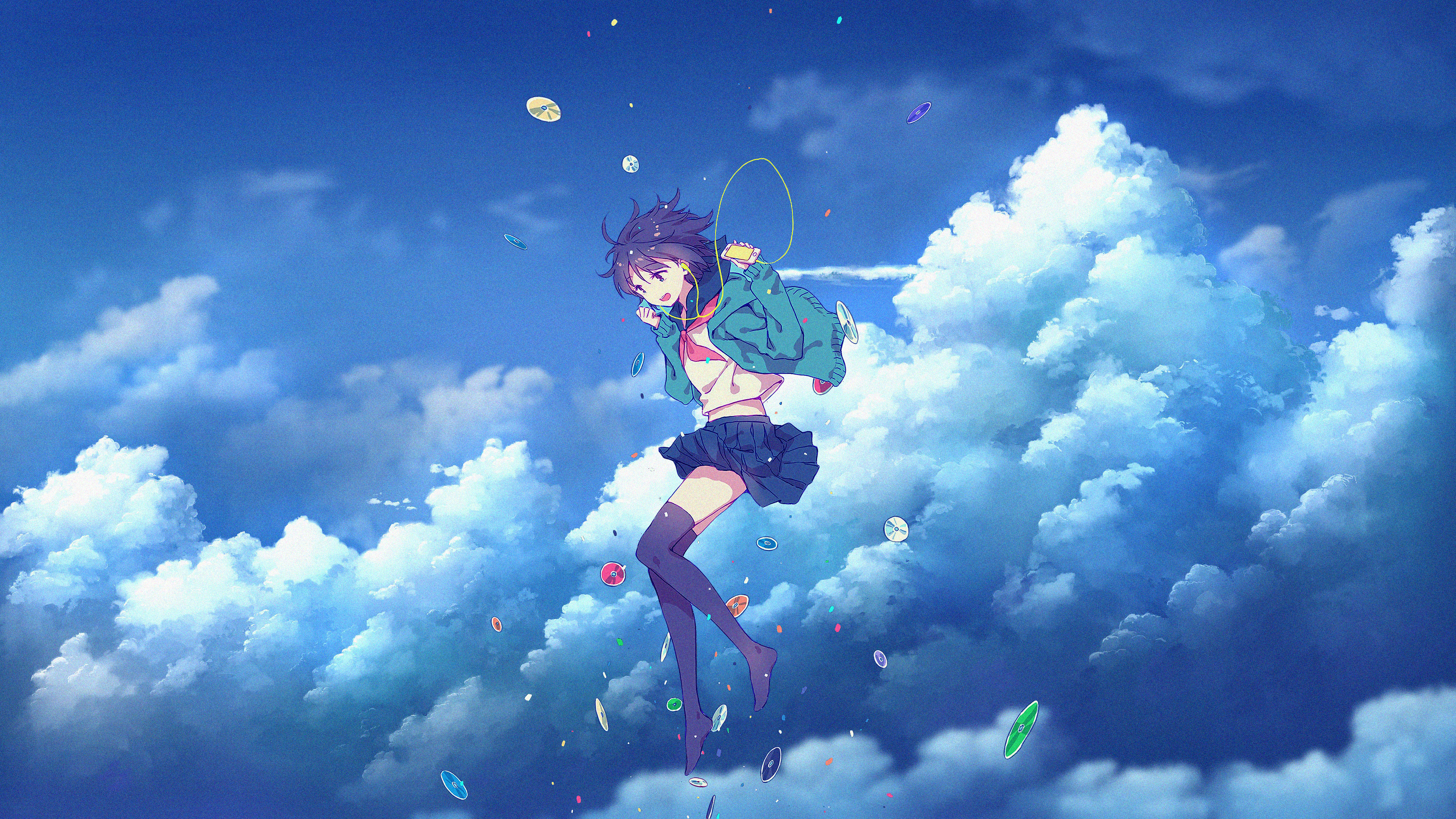 Anime Tights Music Dress Fly Skirt Anime Girls Vertical Short Hair Headphones Skinny Discs Confetti  3840x2160