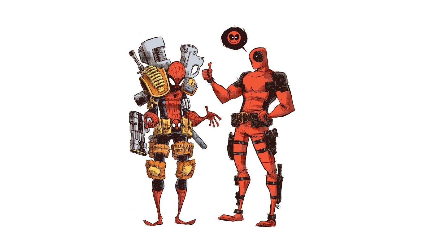 Deadpool Spider Man Antiheroes Simple Background White Background Artwork Comic Art 1366x768