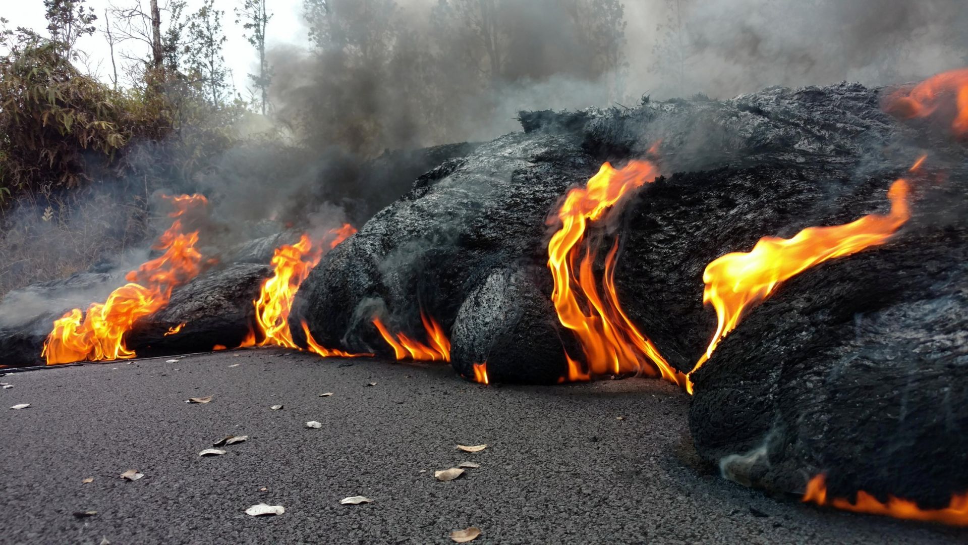 Nature Volcano Hawaii Kilauea Lava Volcanic Eruption Eruption Road Fire Smoke Plants Leaves Asphalt 1919x1080