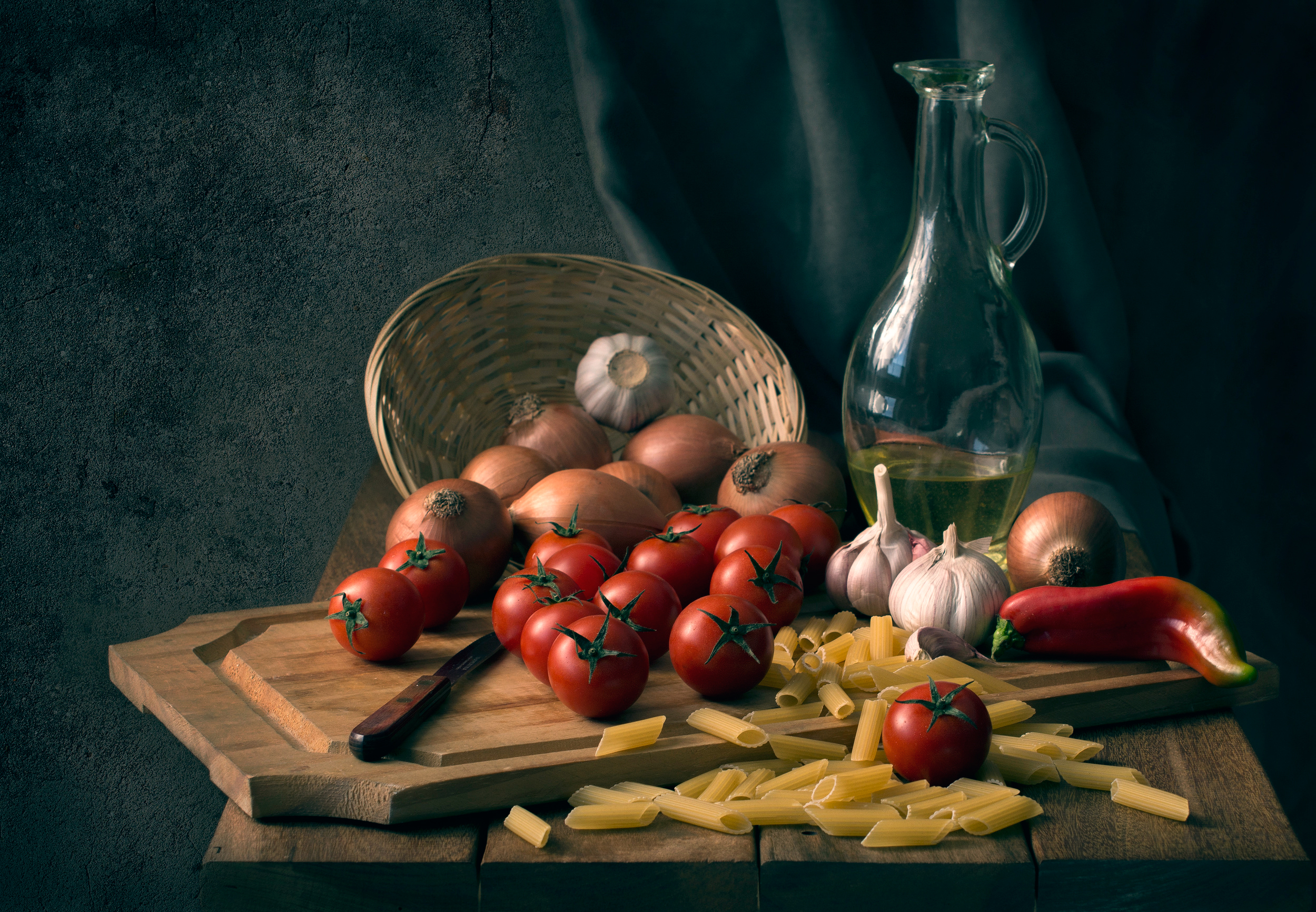 Food Noodles Tomatoes Vegetables Still Life Pasta Garlic Onions Red Pepper Olive Oil Jar Knife Cutti 2499x1731