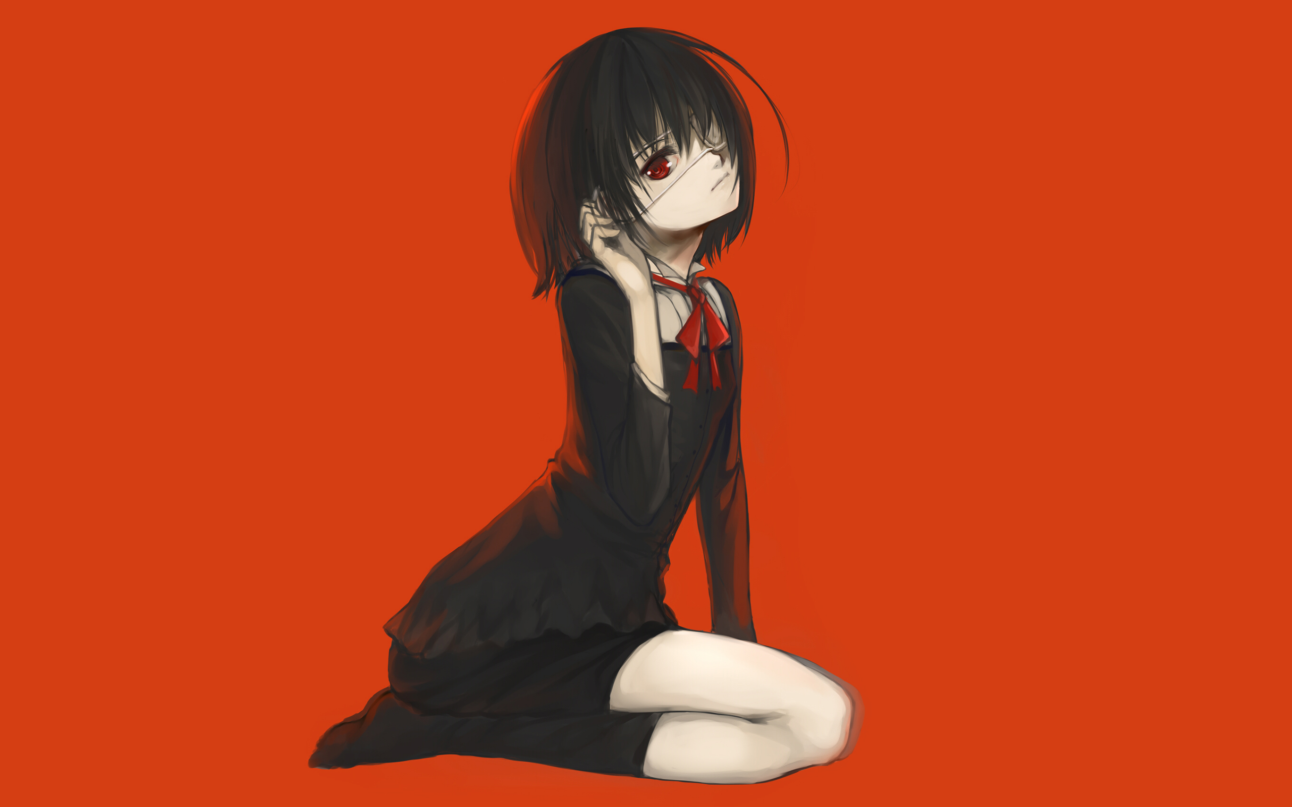 Mei Misaki Anime Another Anime Girl Sitting Skirt Socks Eye Patch Black Hair Short Hair Bow Clothing 2560x1600