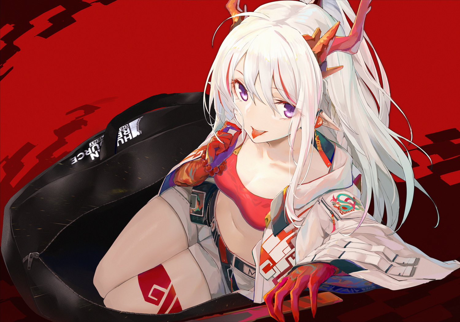 Arknights White Hair Long Hair Ponytail Shorts Purple Eyes Horns Pointed Ears Nian Arknights 1500x1051