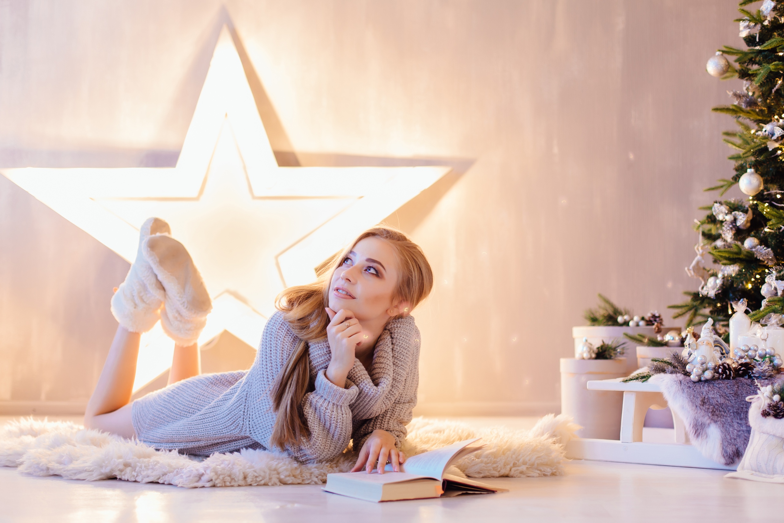 Women Model Blonde Long Hair Smiling Looking Up Sweater Sweater Dress On The Floor Carpets Slippers  2560x1707