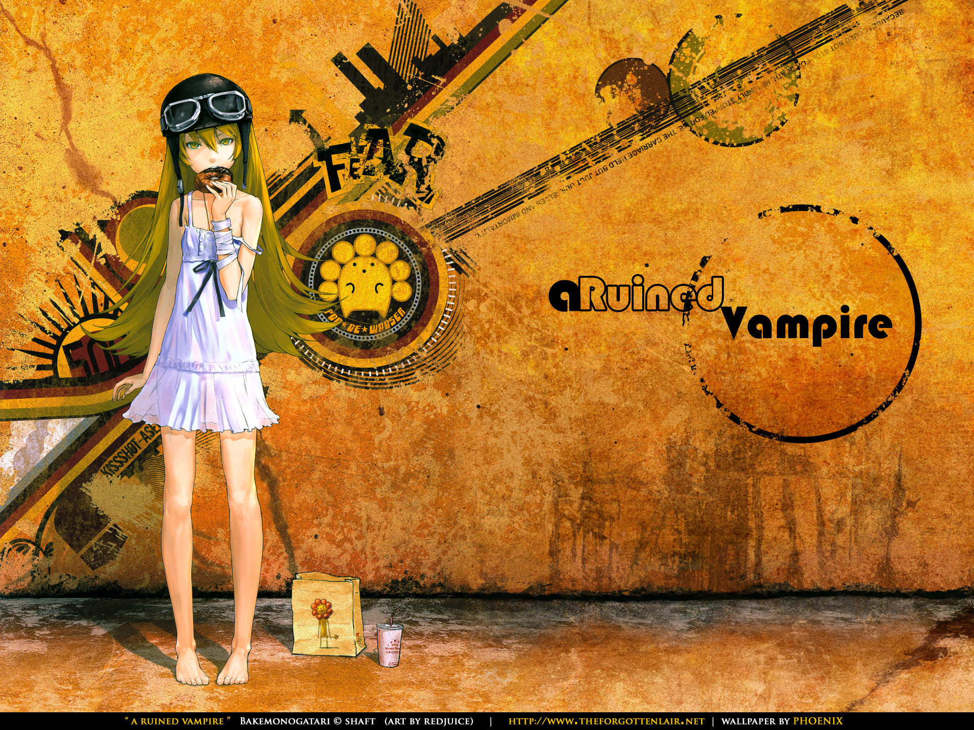 Shinobu Oshino Bakemonogatari Doughnut Blonde Yellow Eyes Aviator Helmet 1920x1440