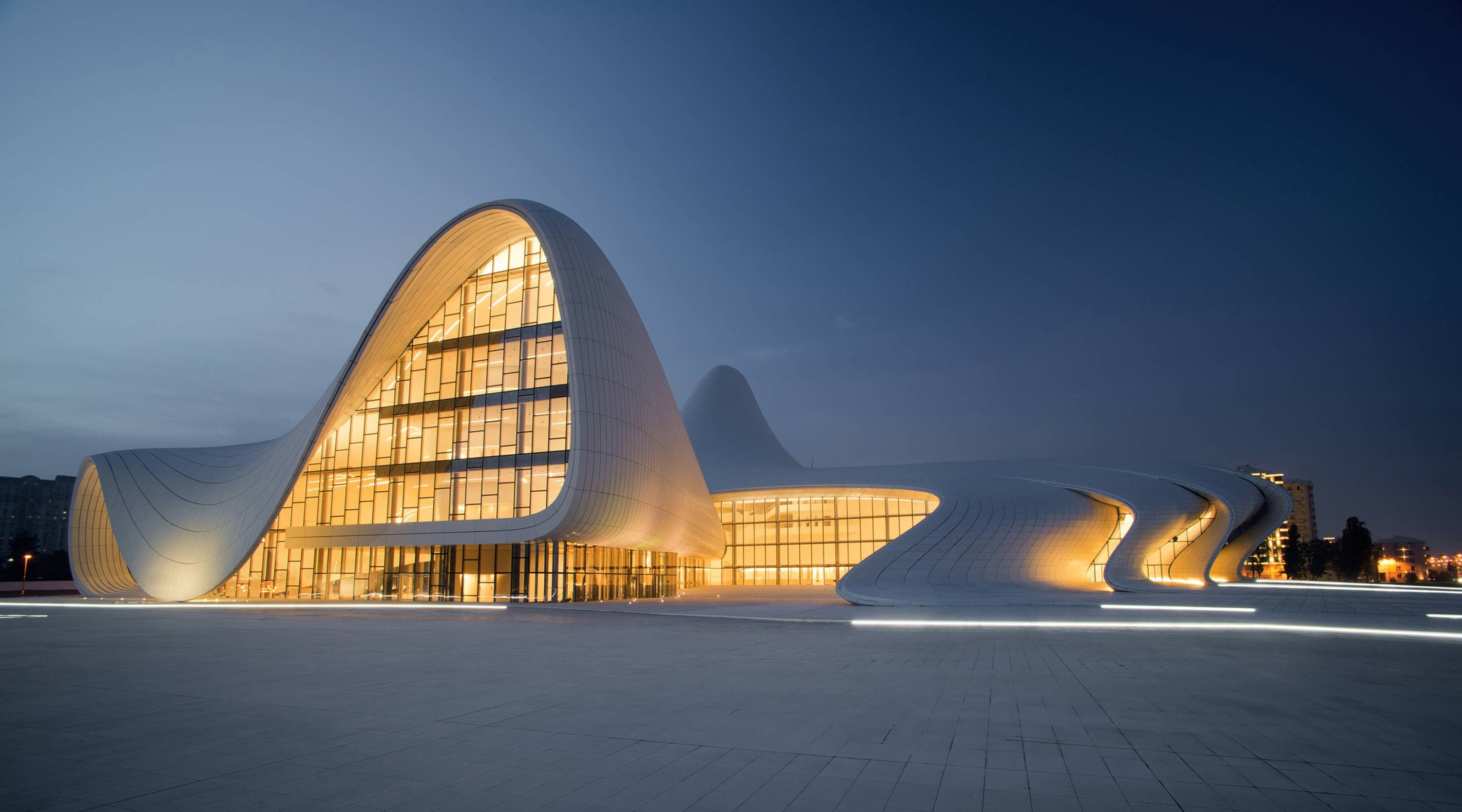 Architecture Modern Azerbaijan Town Square Lights Building Tiles Clear Sky Evening Landscape Concert 3000x1666