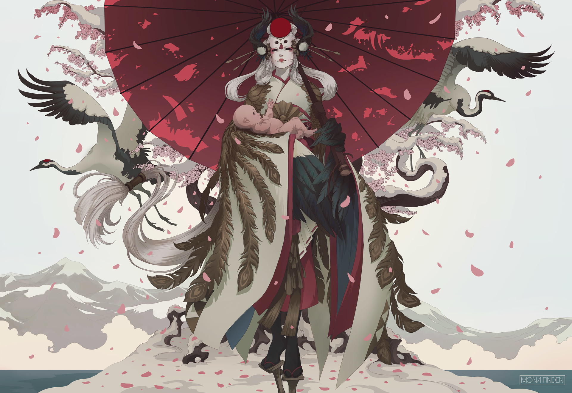 Mona Finden Illustration Women Geisha Goose Feathers Mountains Mantle White Hair Umbrella Petals Chi 1920x1322