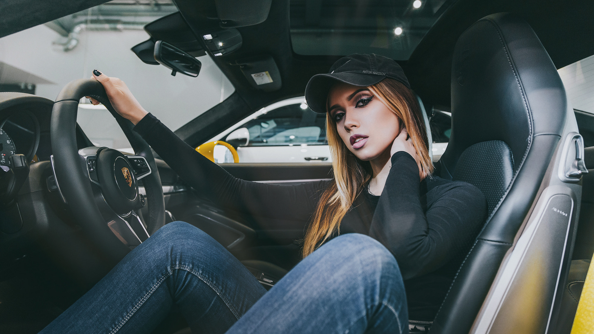 Women Baseball Caps Blonde Pants Jeans Sitting Women With Cars Car Fotoshi Toshi Anton Harisov Portr 2000x1125